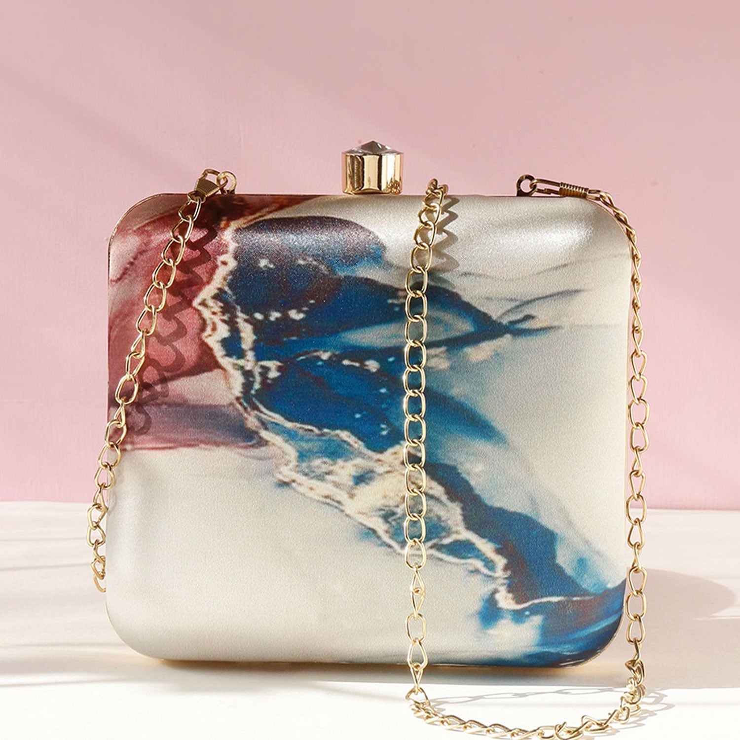 Abstract Satin Print Square Box Clutch for Women & Girls