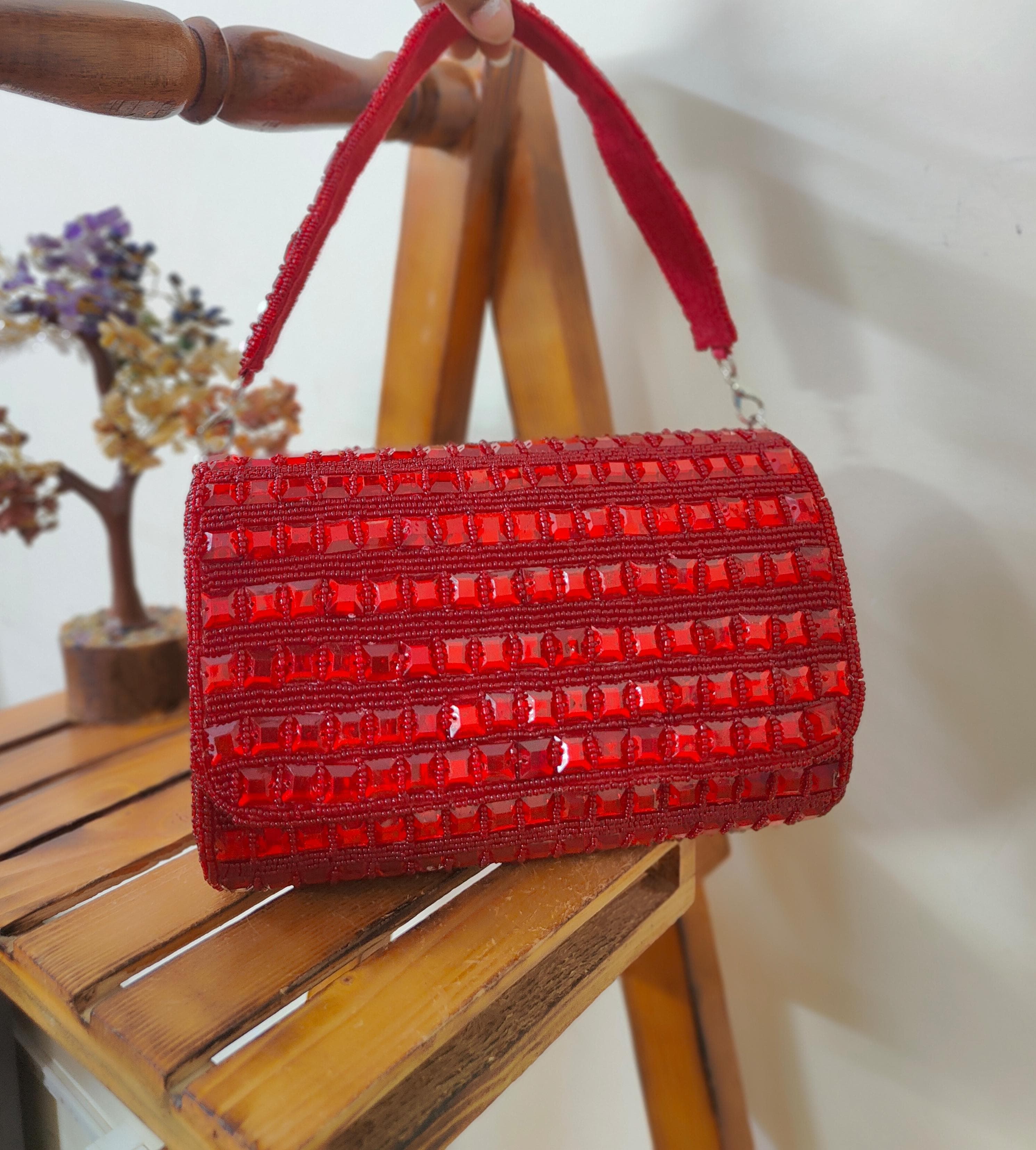Red Embroidered Flap Bag