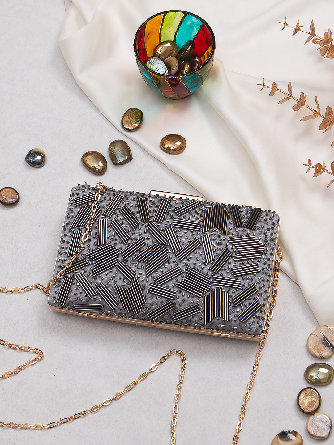 grey embroidered clutch