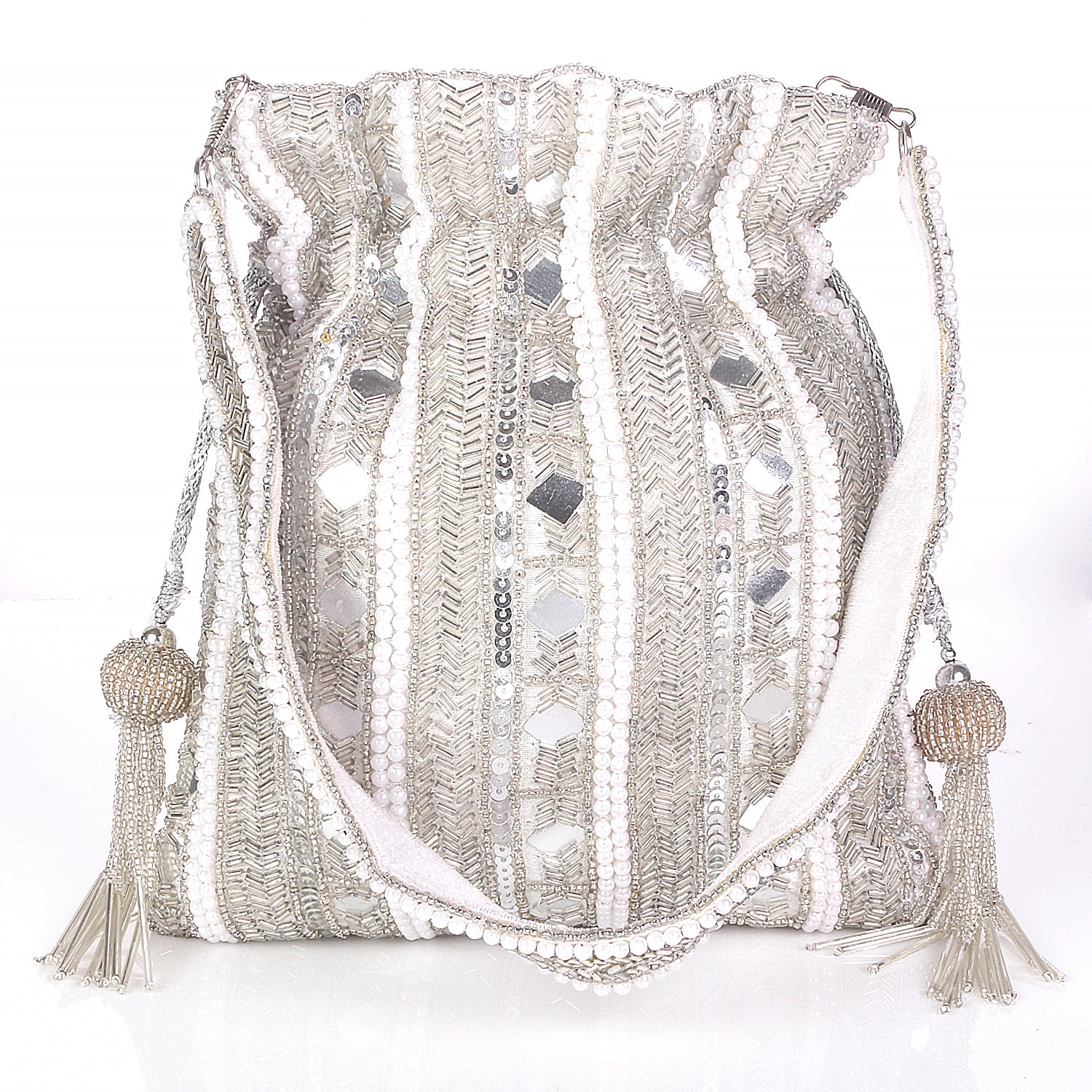 Silver Mirror Embroidery Allover Embroidered Potli