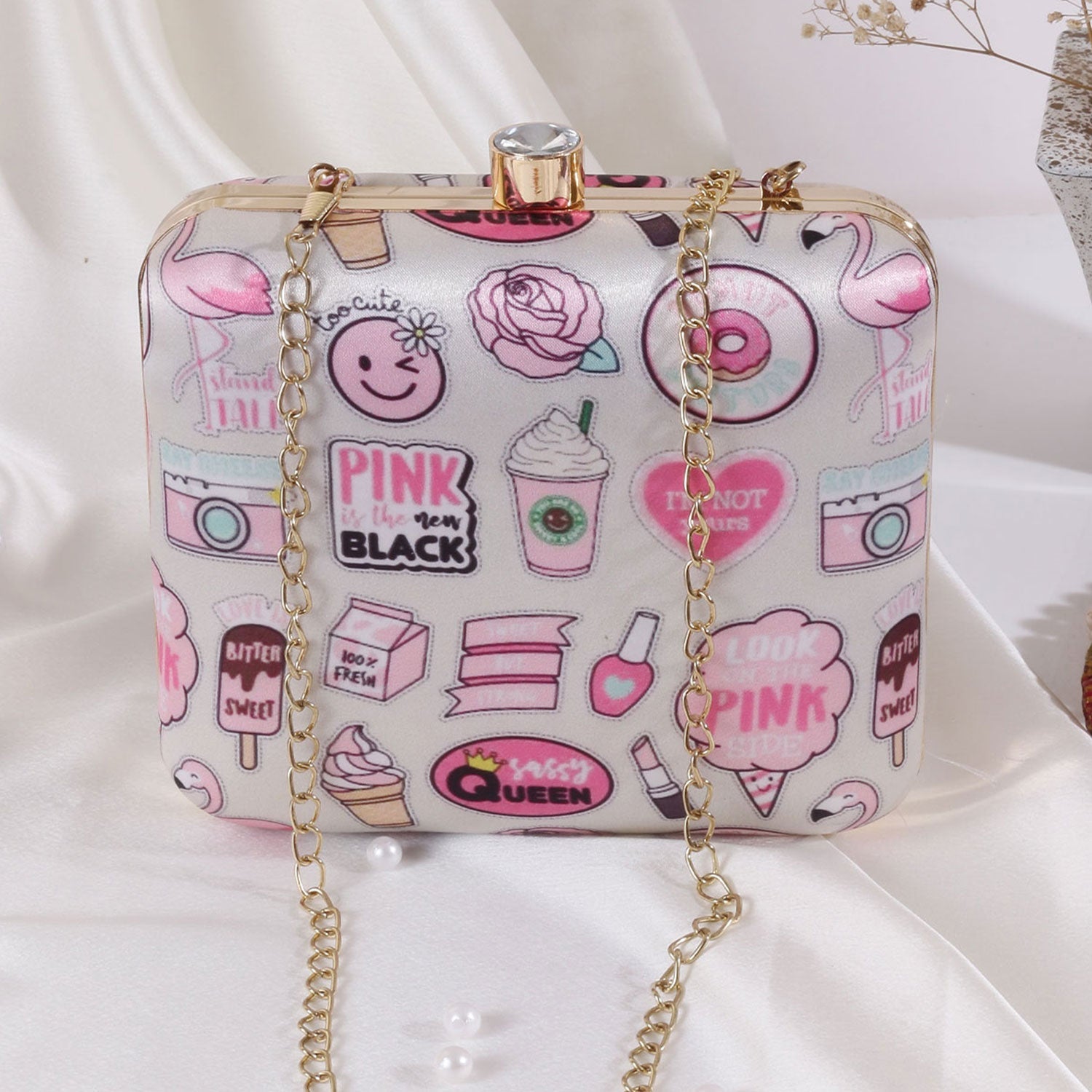 3D Cosmetics Satin Print Square Box Clutch for Women & Girls