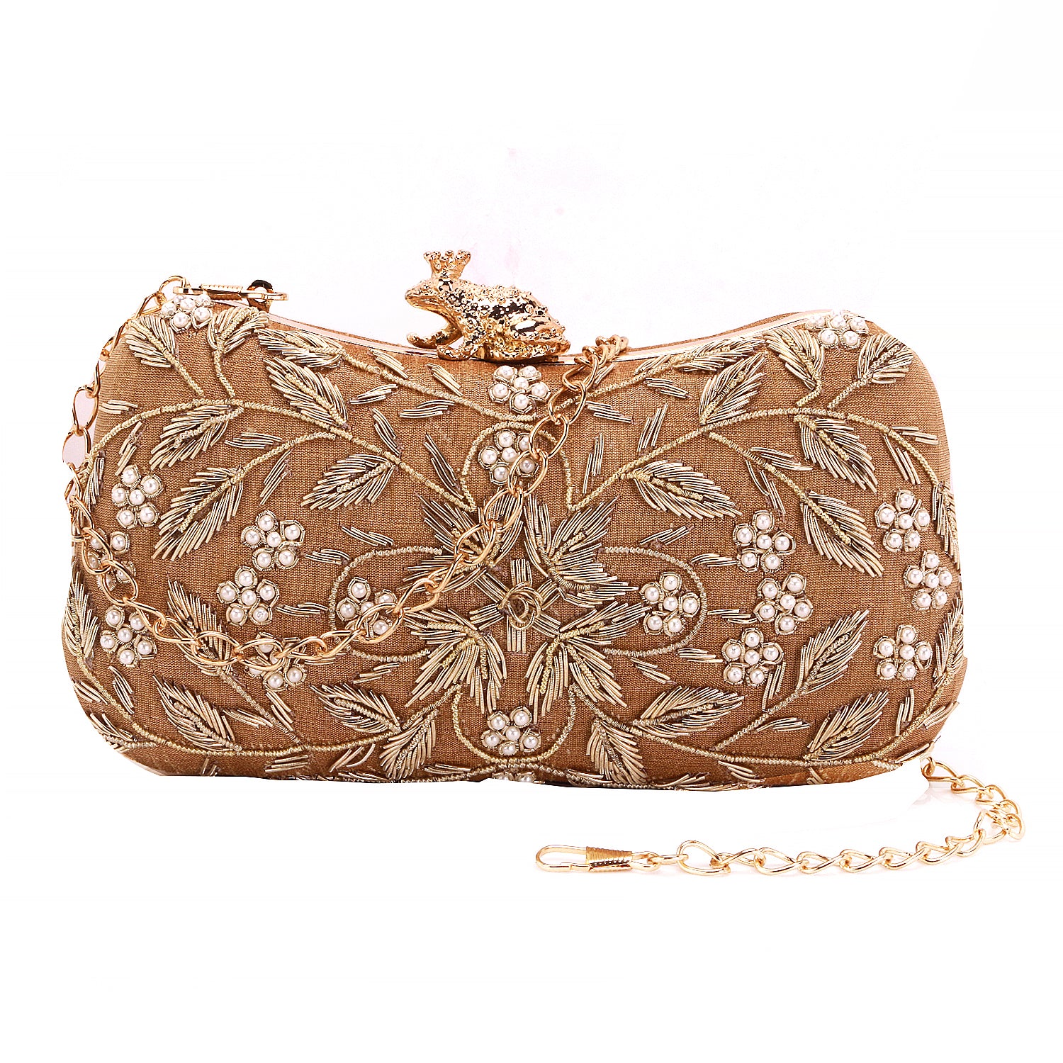 Golden embroidery frog knob clutch