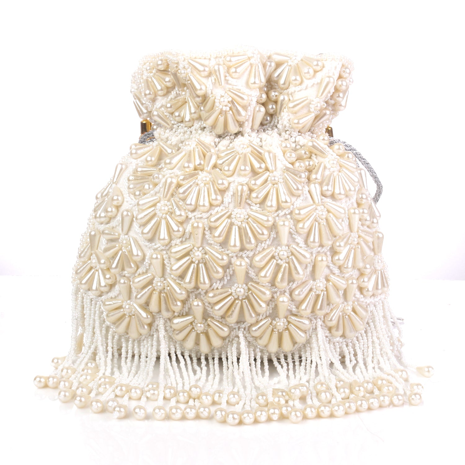 White Pearl Allover Embroidered Potli Bag For Wedding Party