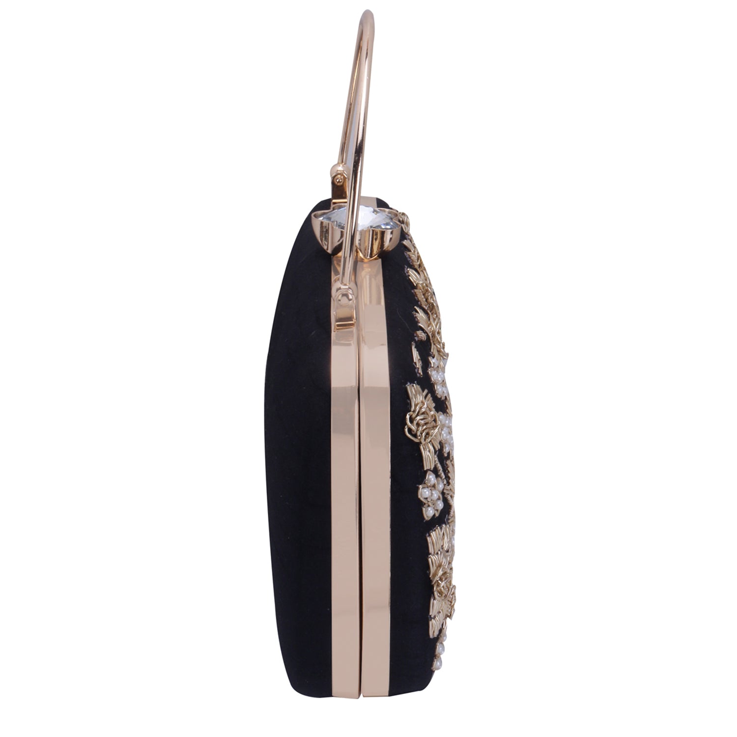 handmade black embroidered handle clutch bag
