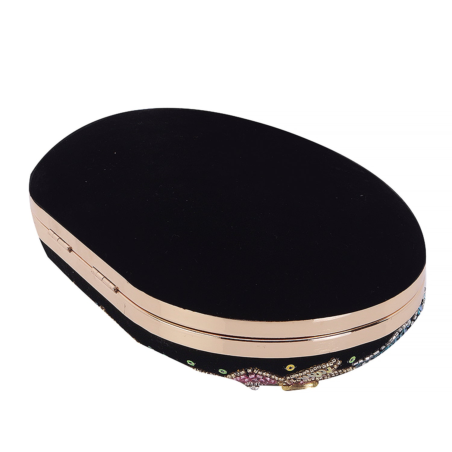 Reflected sequins oval embroidery clutch