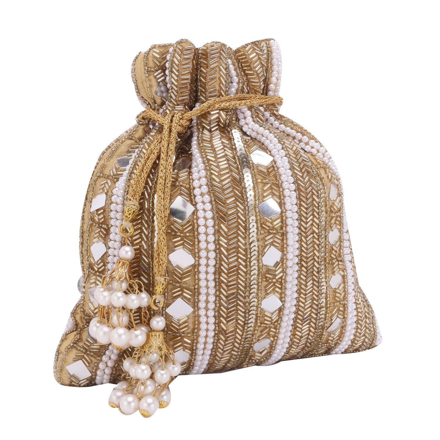 Golden mirror embroidered double side potli bag for bride