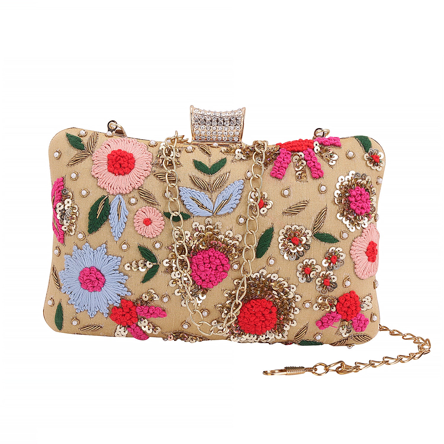 Golden Handmade Thread Embroidery Partywear Clutch