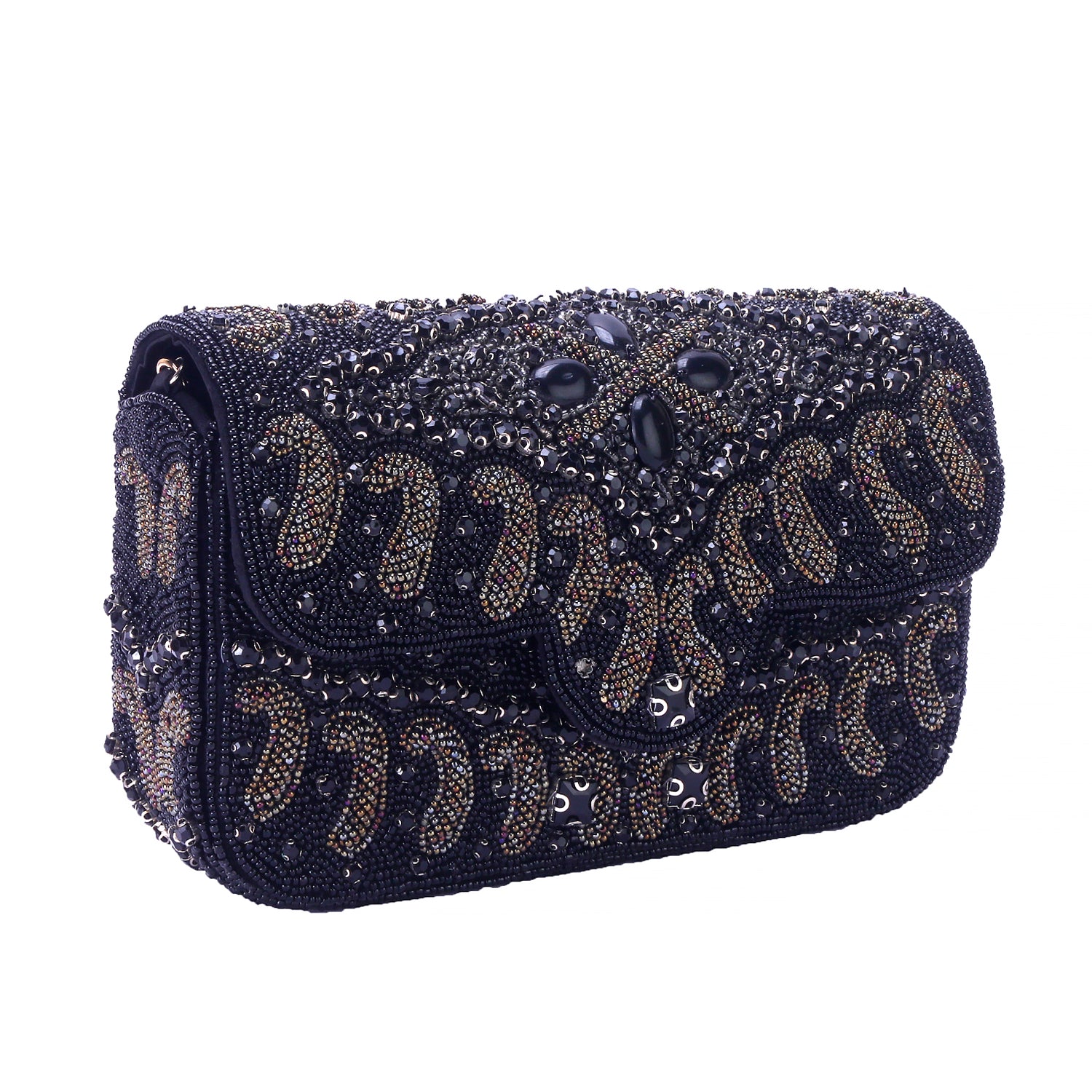 embellished balck flap clutch