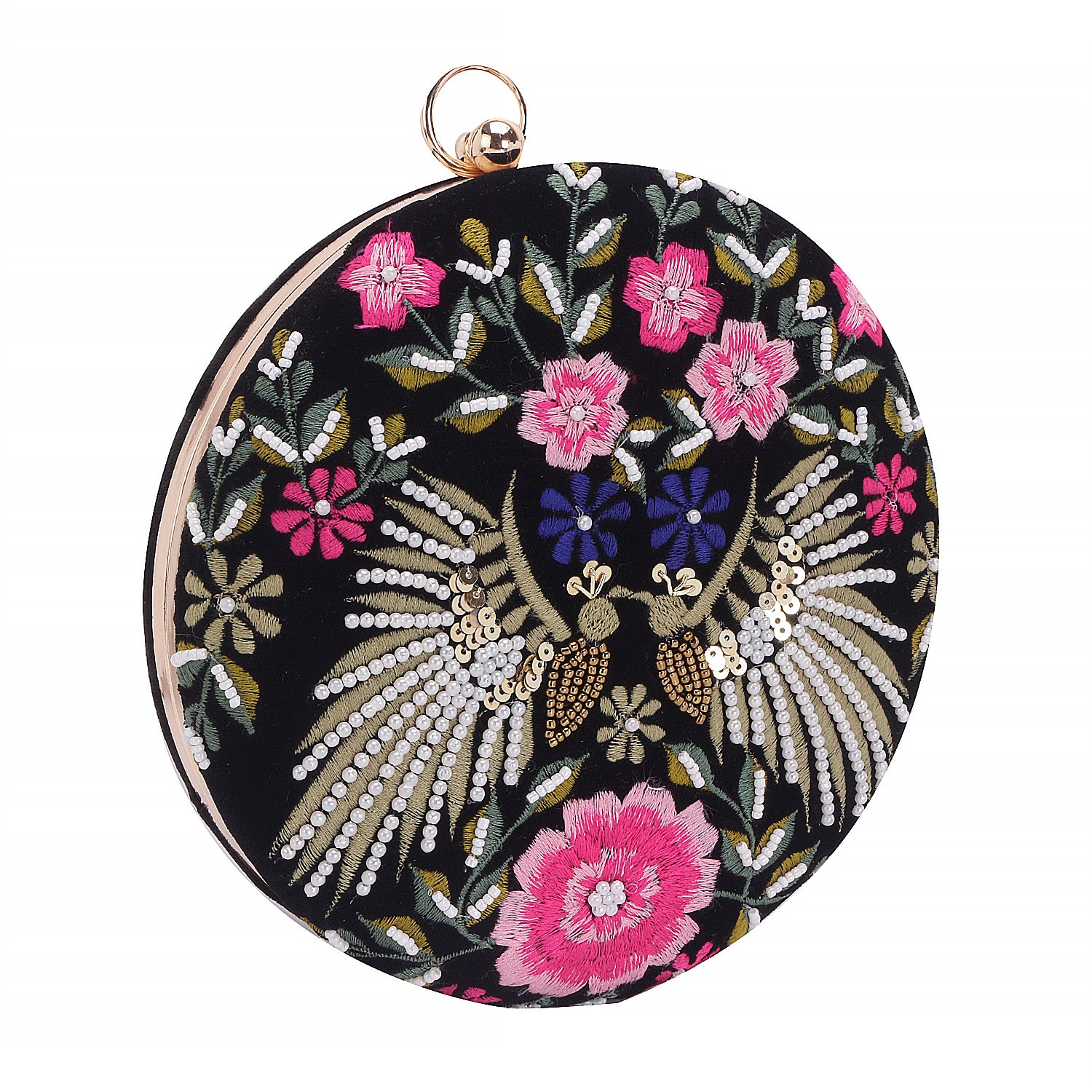 sparrow design embroidery round clutch