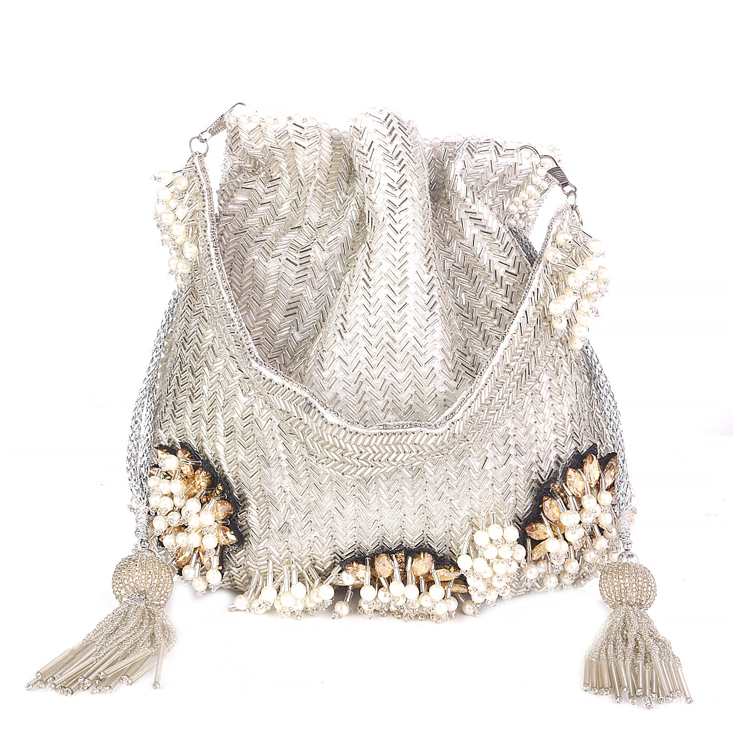 Elegant Silver With Flower Design Embellishment Potli