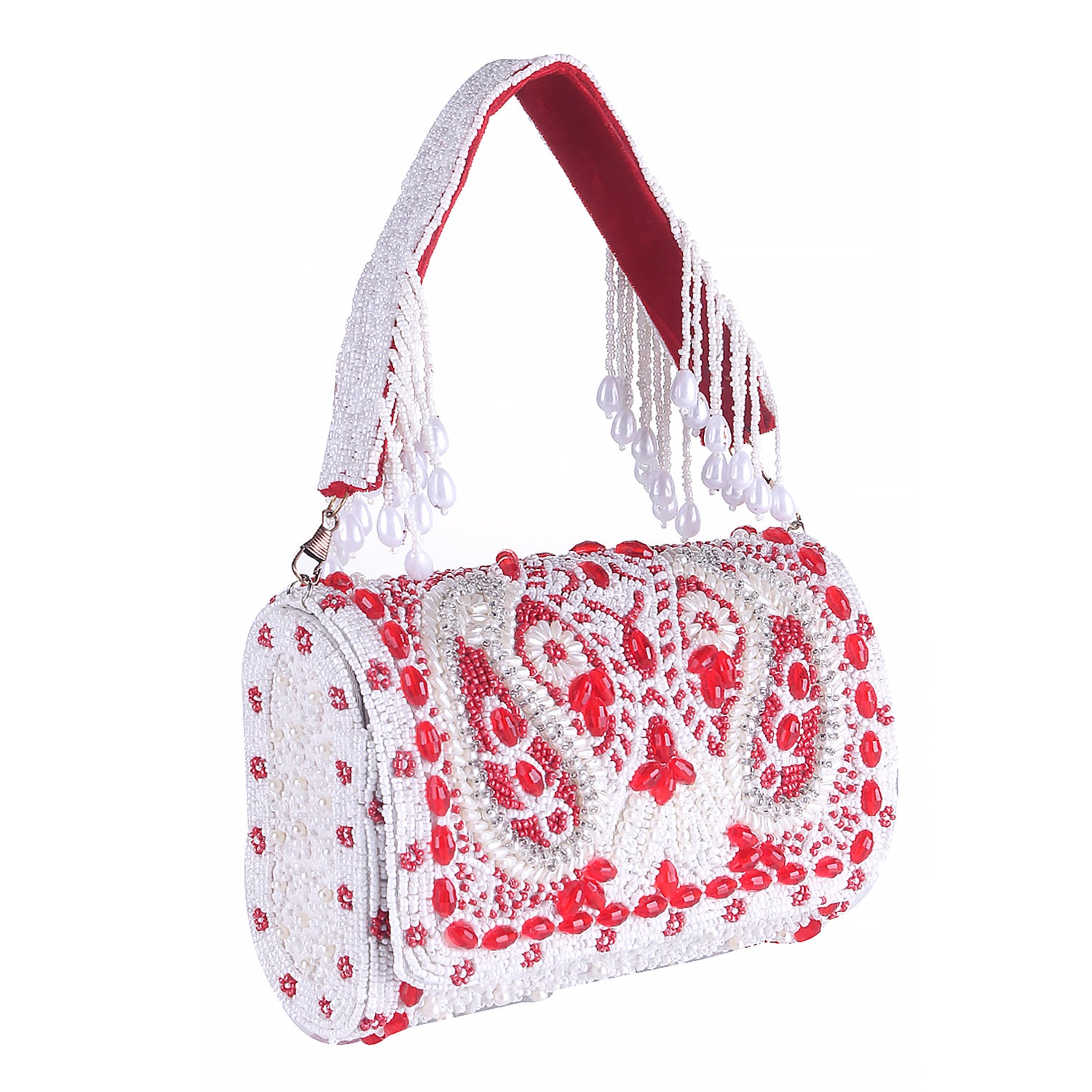red & white tone embroidered flap clutch