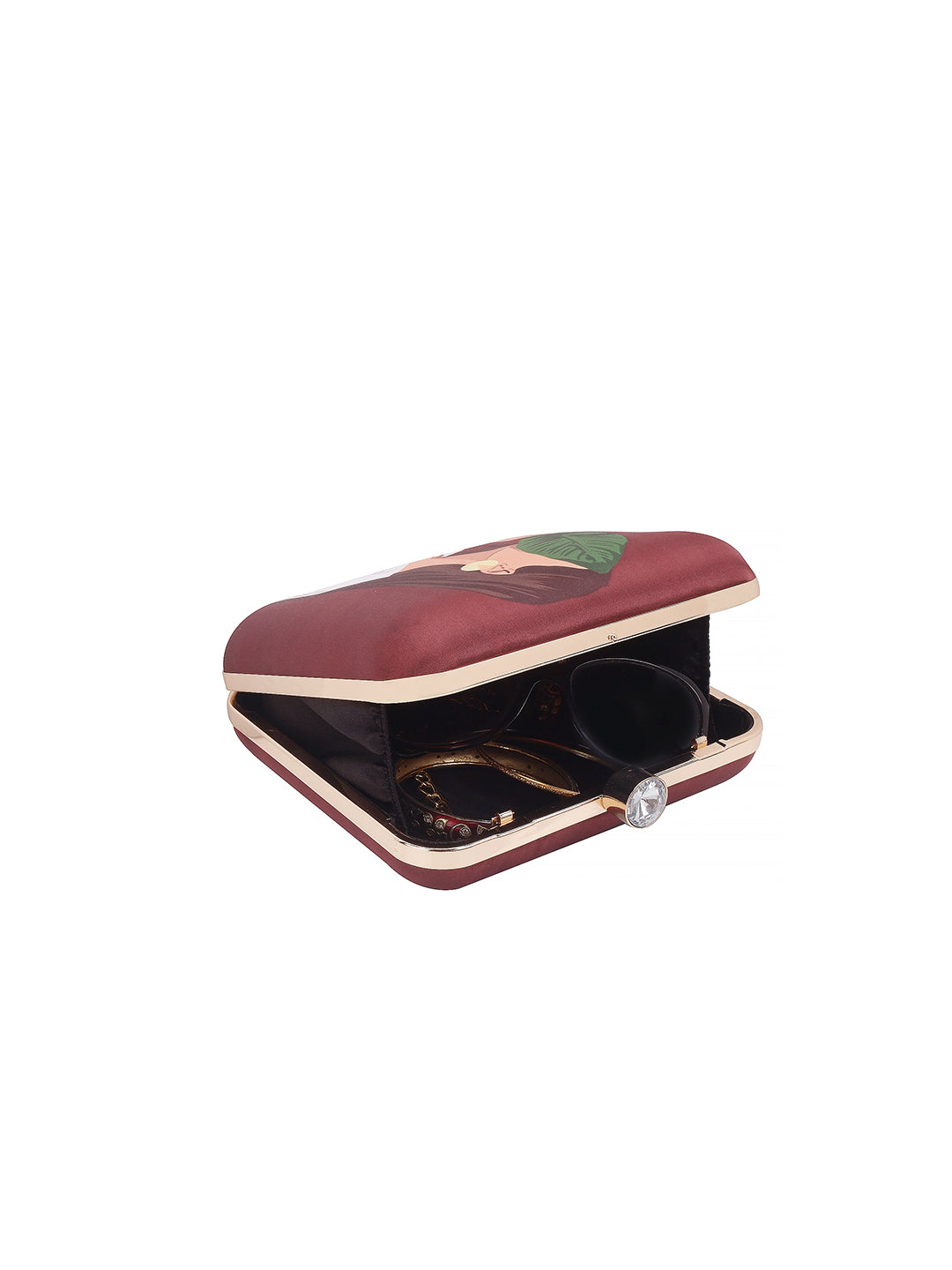 Girl with hide face in leaf designer printed box clutch