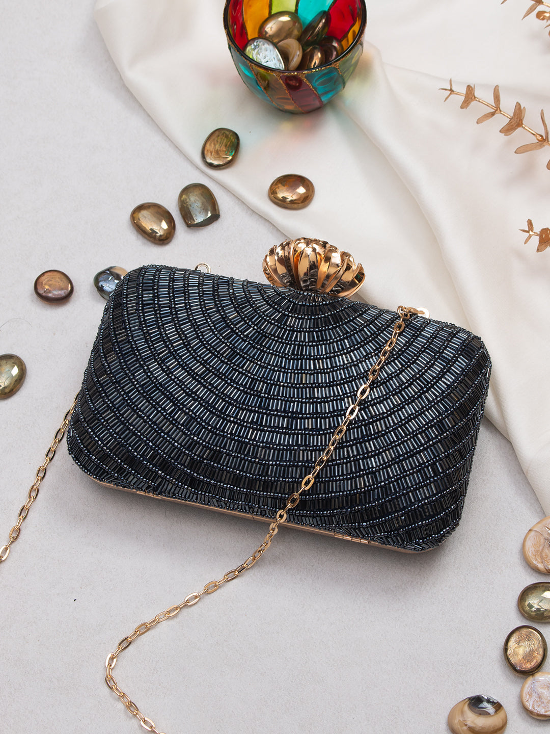 navy bue embroidred clutch