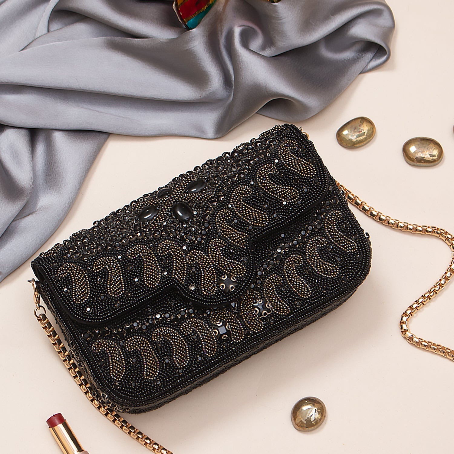 embellished balck flap clutch