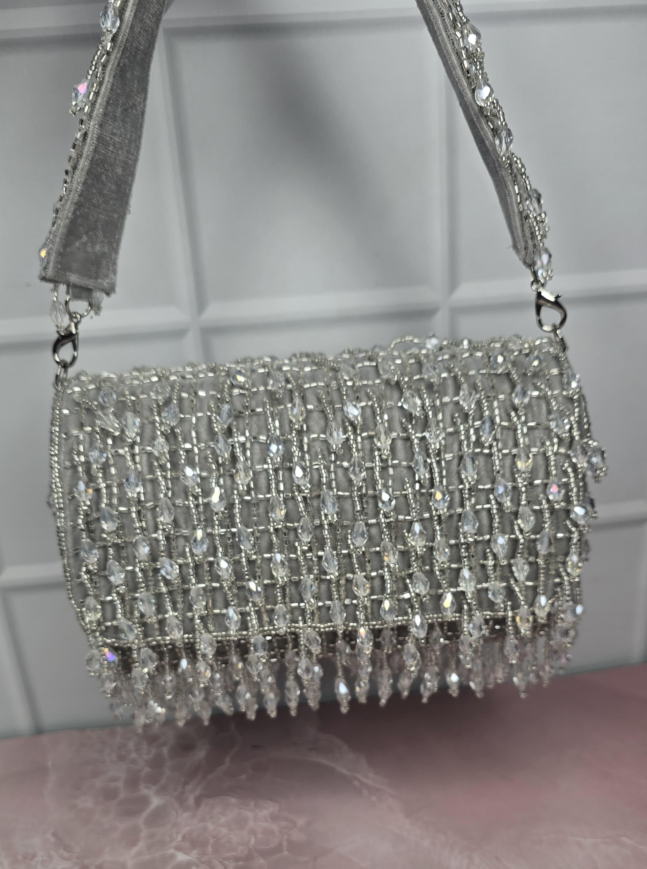Gray Crystal Flap Bag