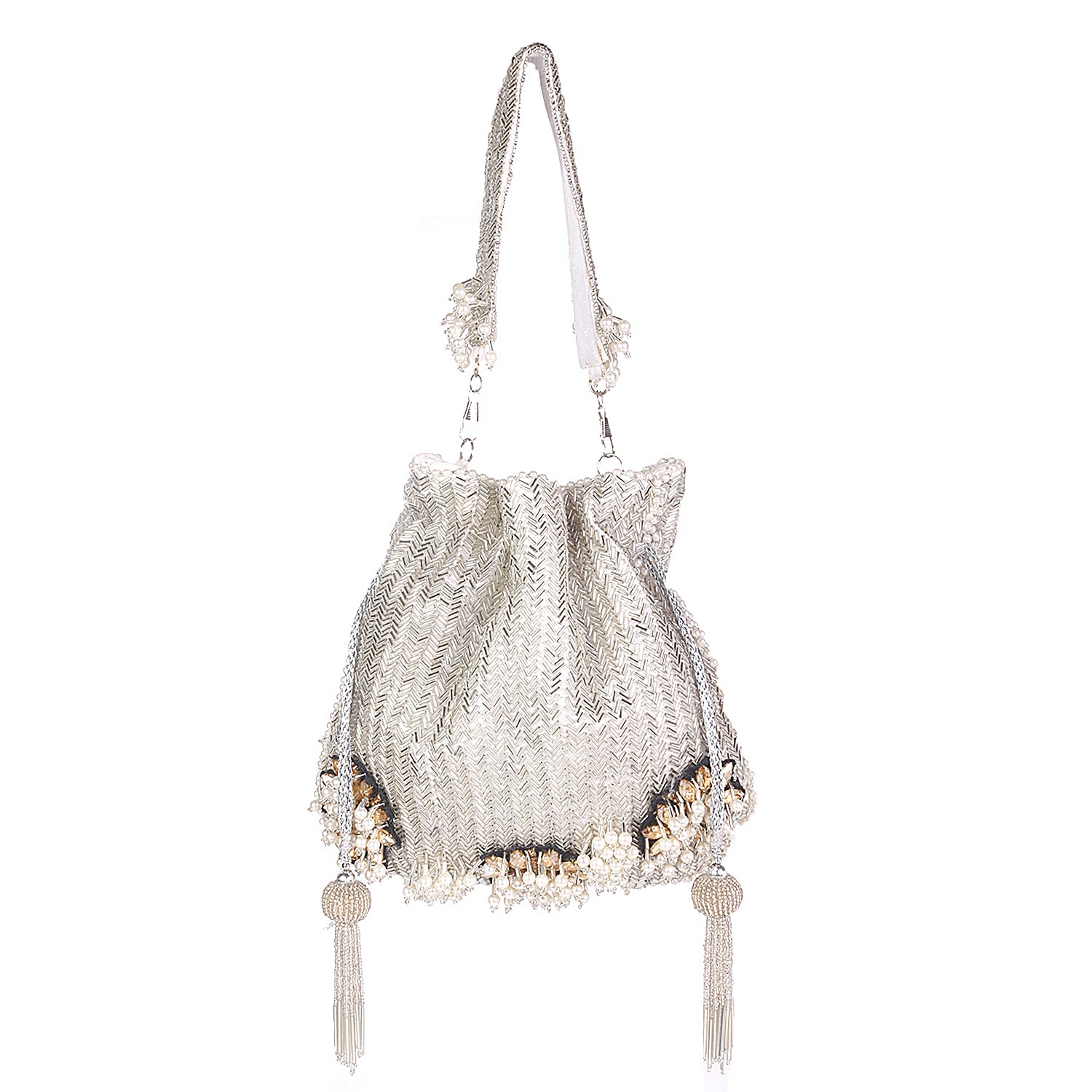 Elegant Silver With Flower Design Embellishment Potli