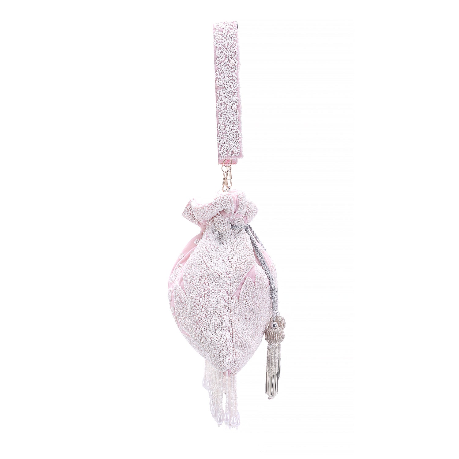 pearl tassel baby pink potli