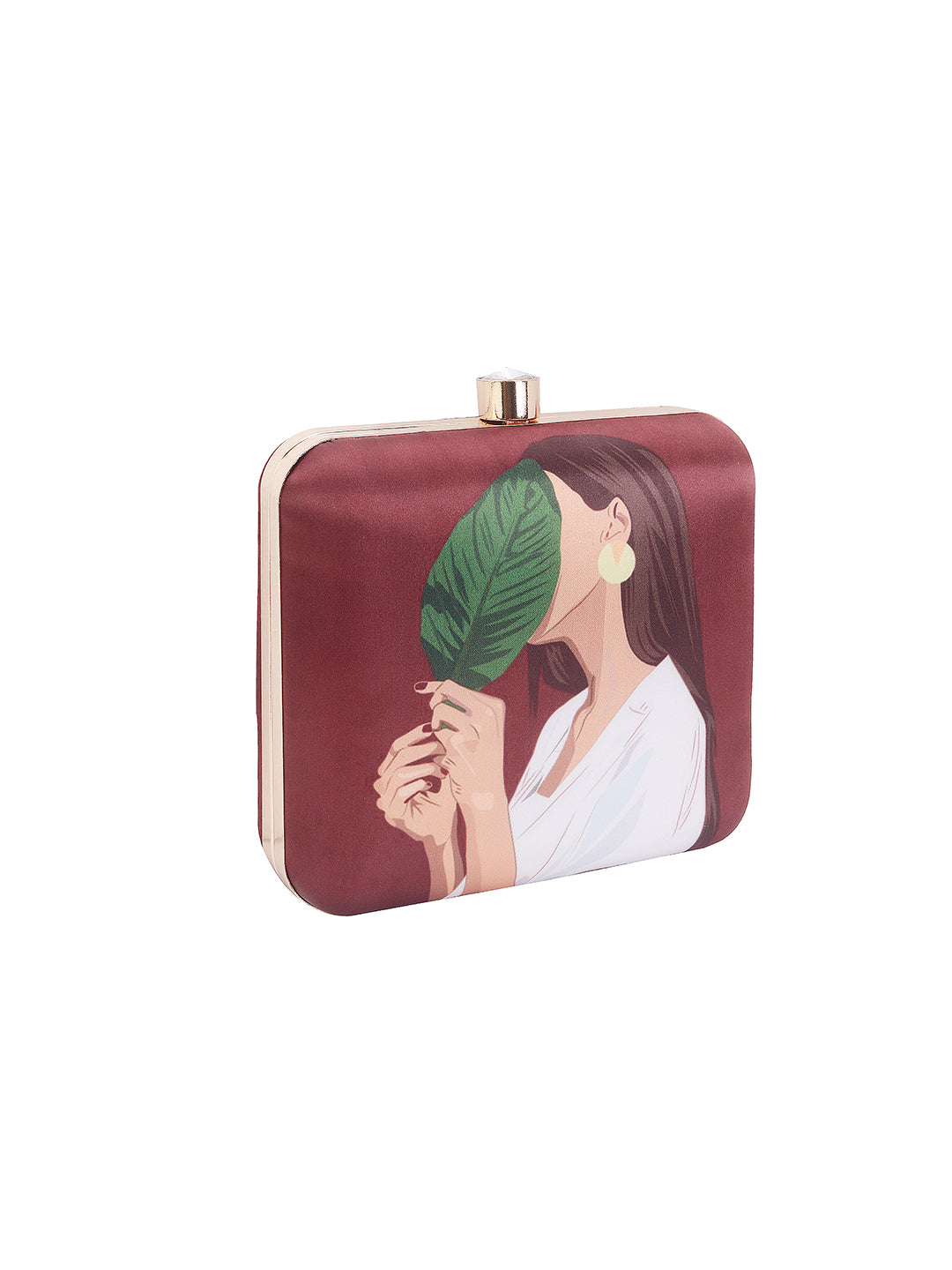 Girl with hide face in leaf designer printed box clutch