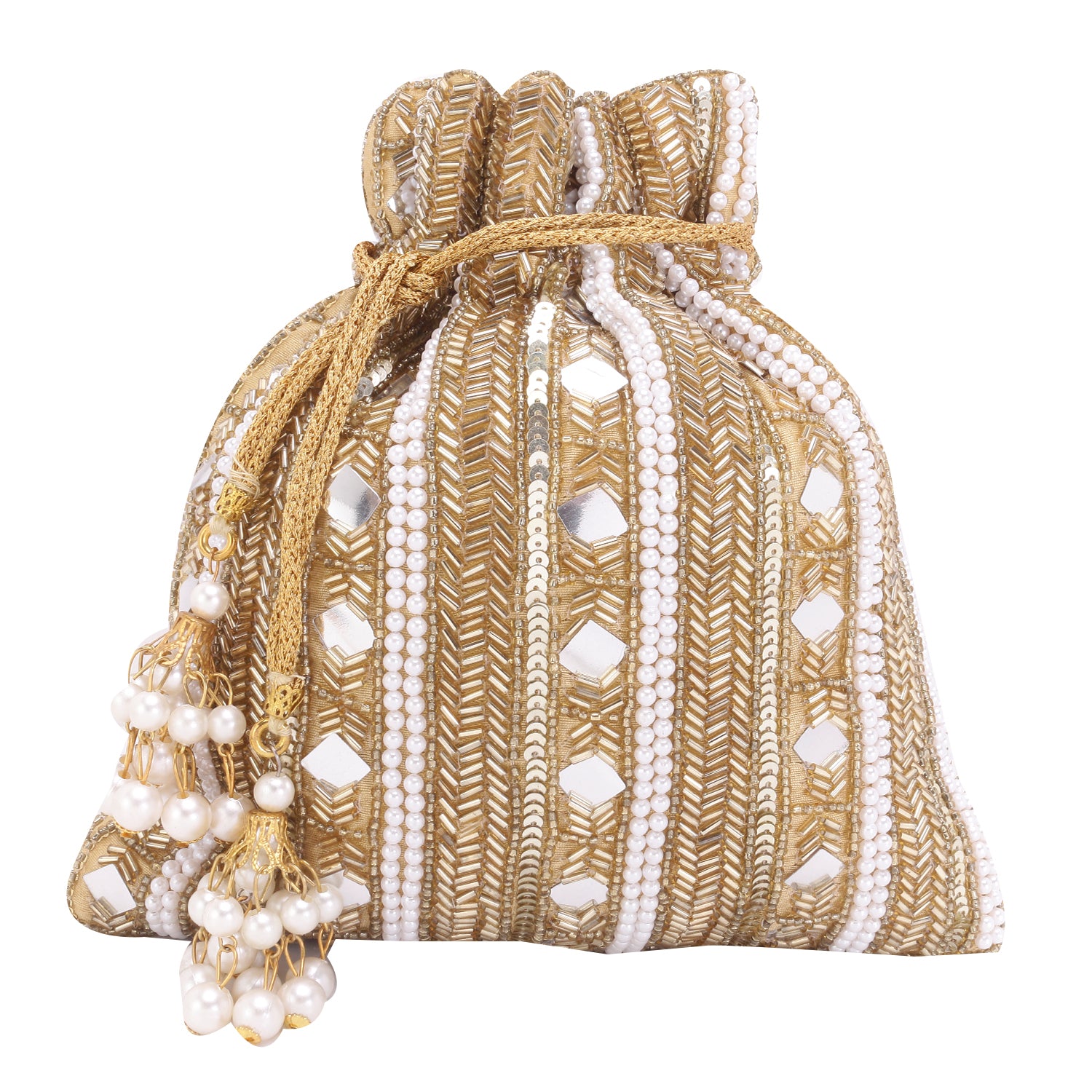 Golden mirror embroidered double side potli bag for bride