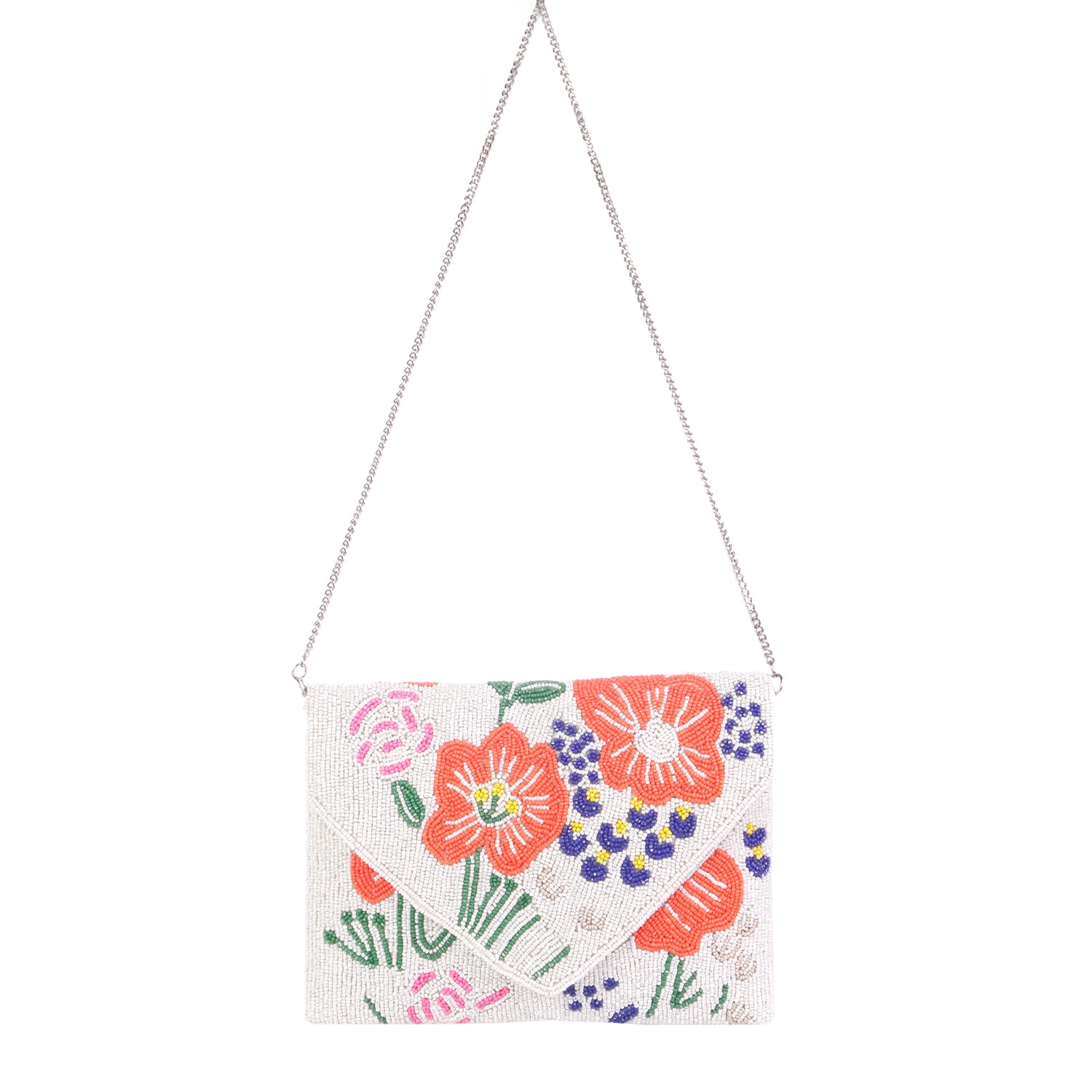 Handmade White And Orange Flower Beaded Boho Bag