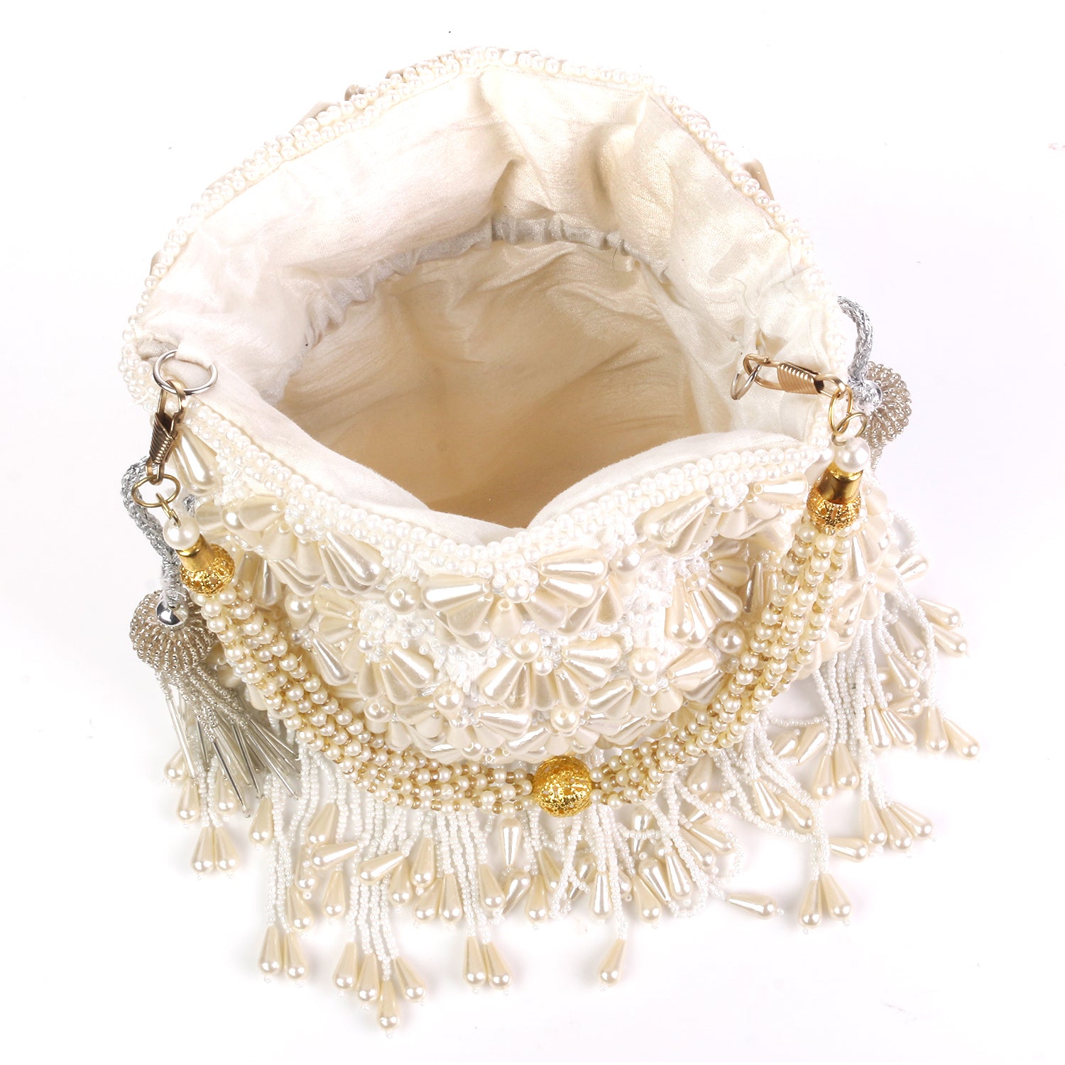 White Pearl Allover Embroidered Potli Bag For Wedding Party