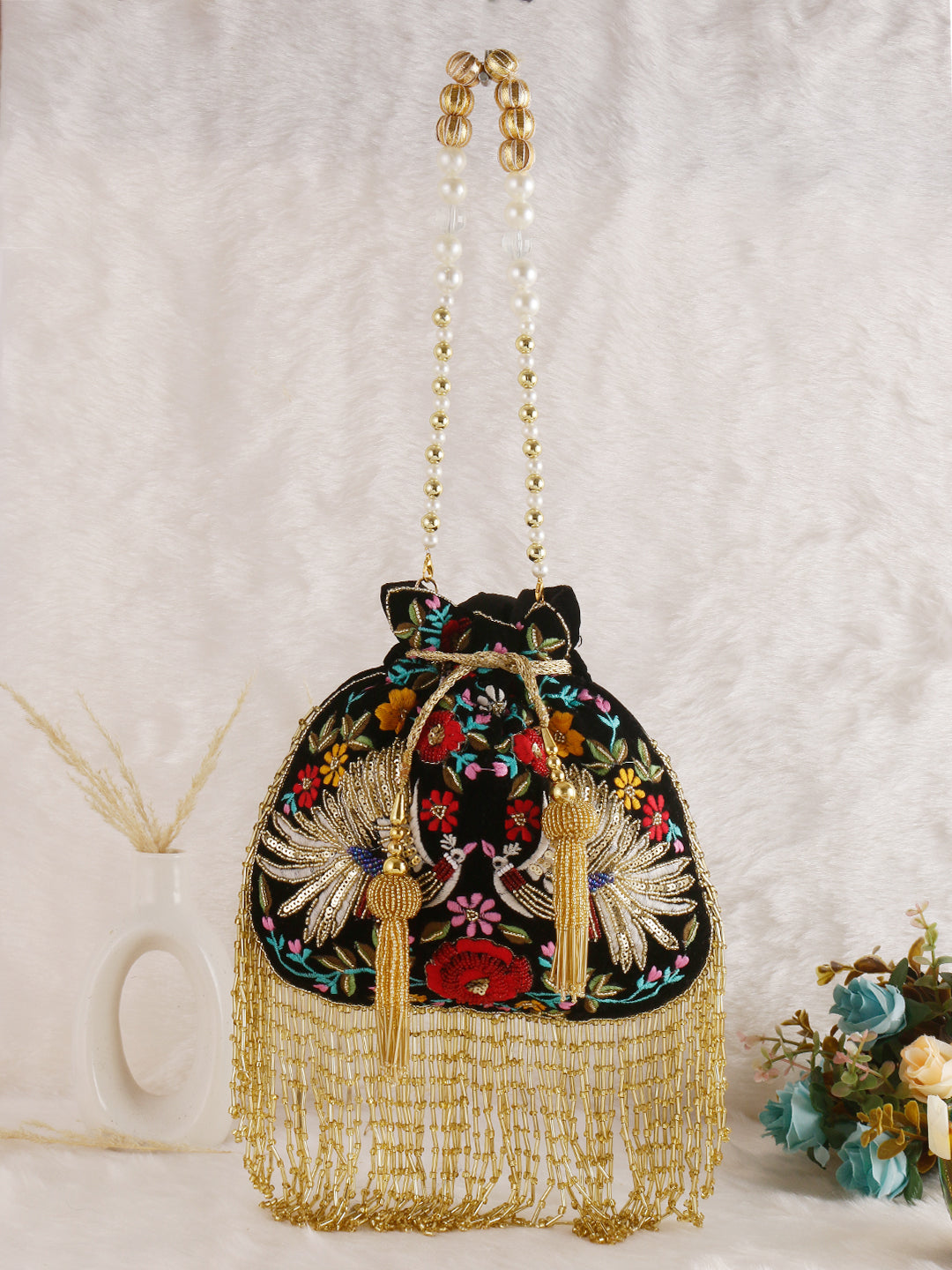 SWISNI BLACK PEACOCK LATKAN POTLI BAG
