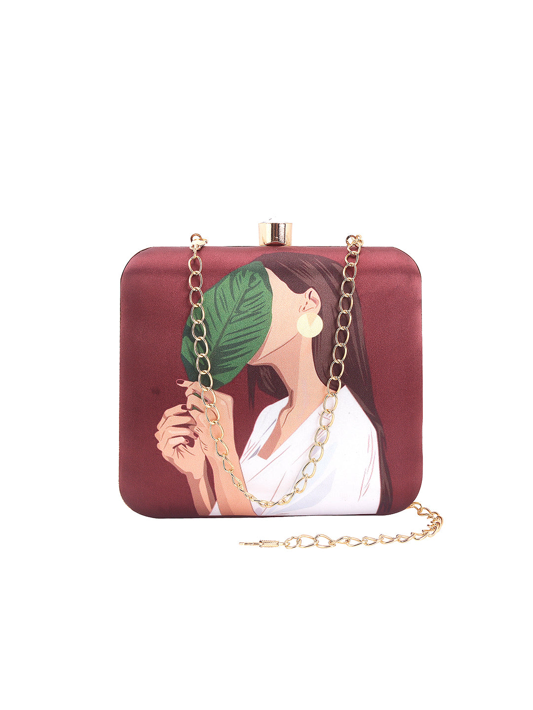 Girl with hide face in leaf designer printed box clutch