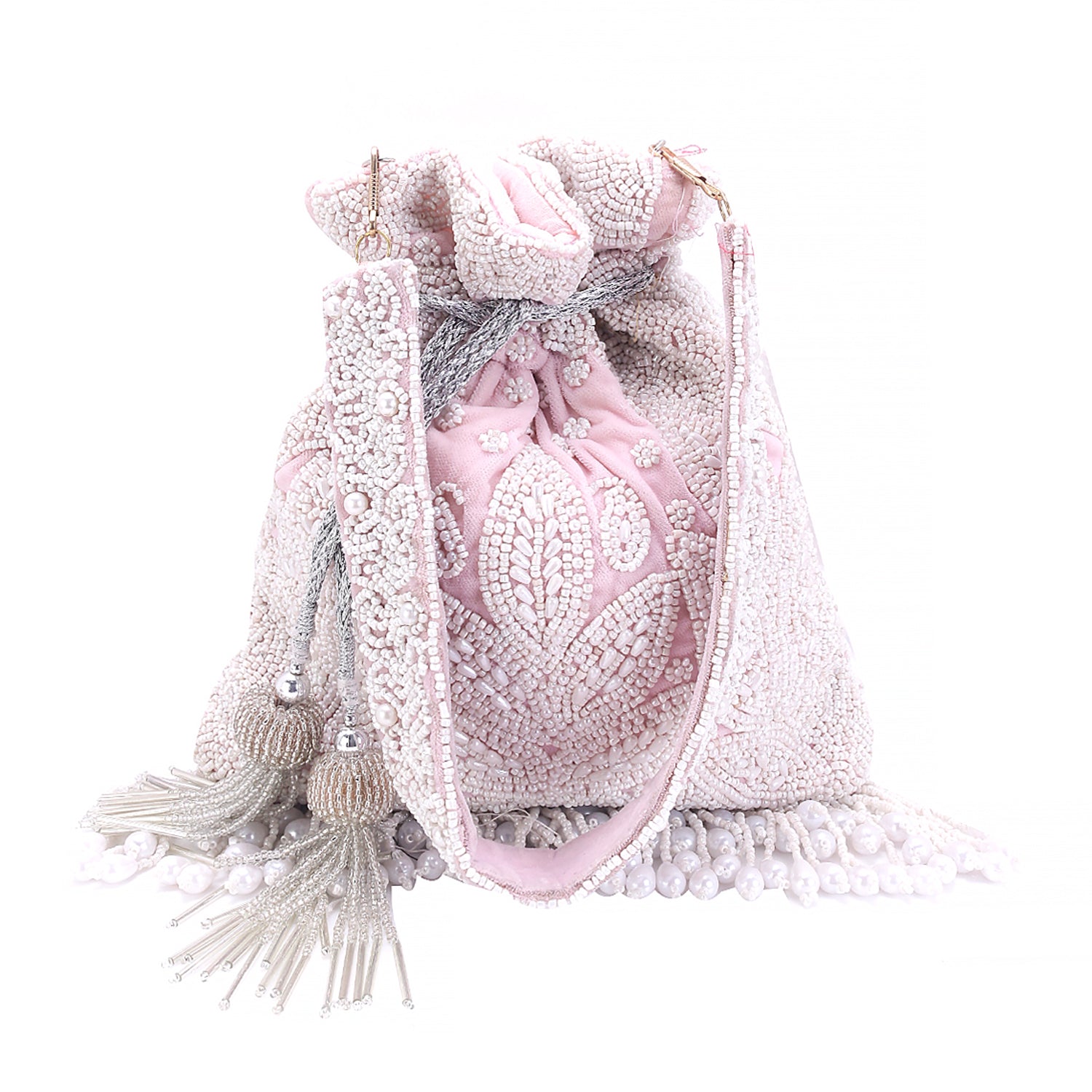 pearl tassel baby pink potli