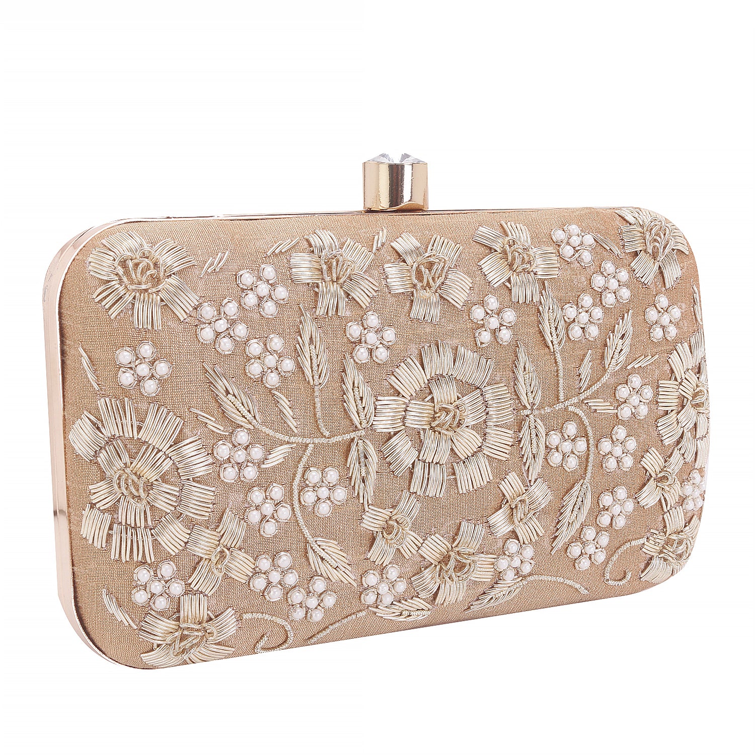 golden handmade embroidery rectungler clutch