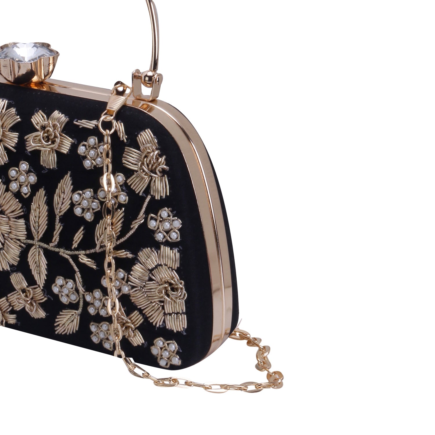 handmade black embroidered handle clutch bag