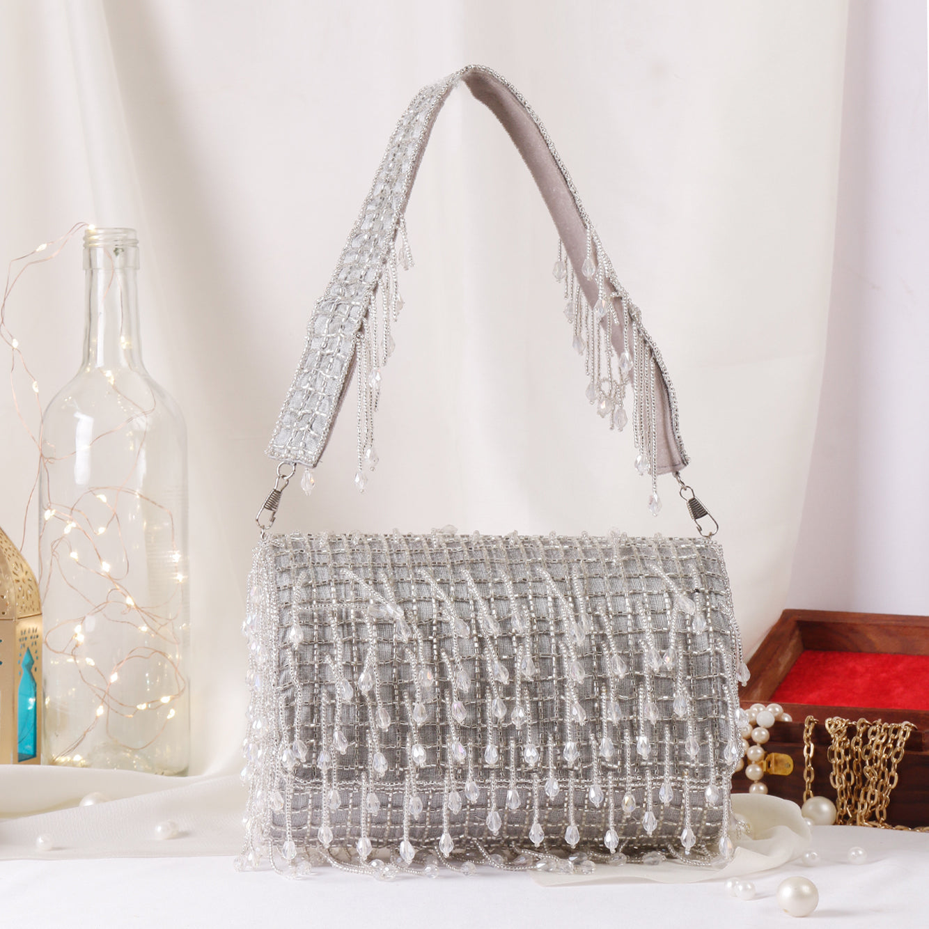 grey crystal flap clutch