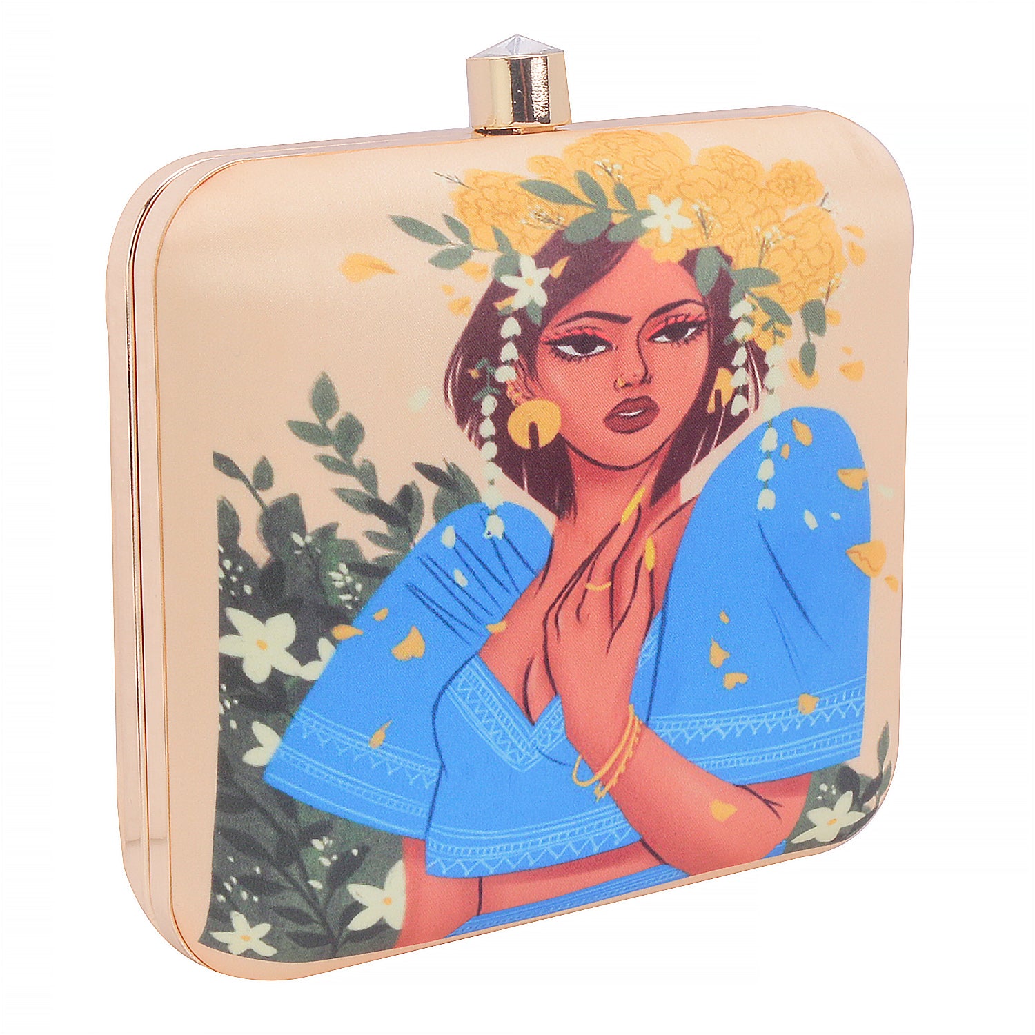 Stylish Girl Wear Saree With Had Of Flower Printed Designer Clutch