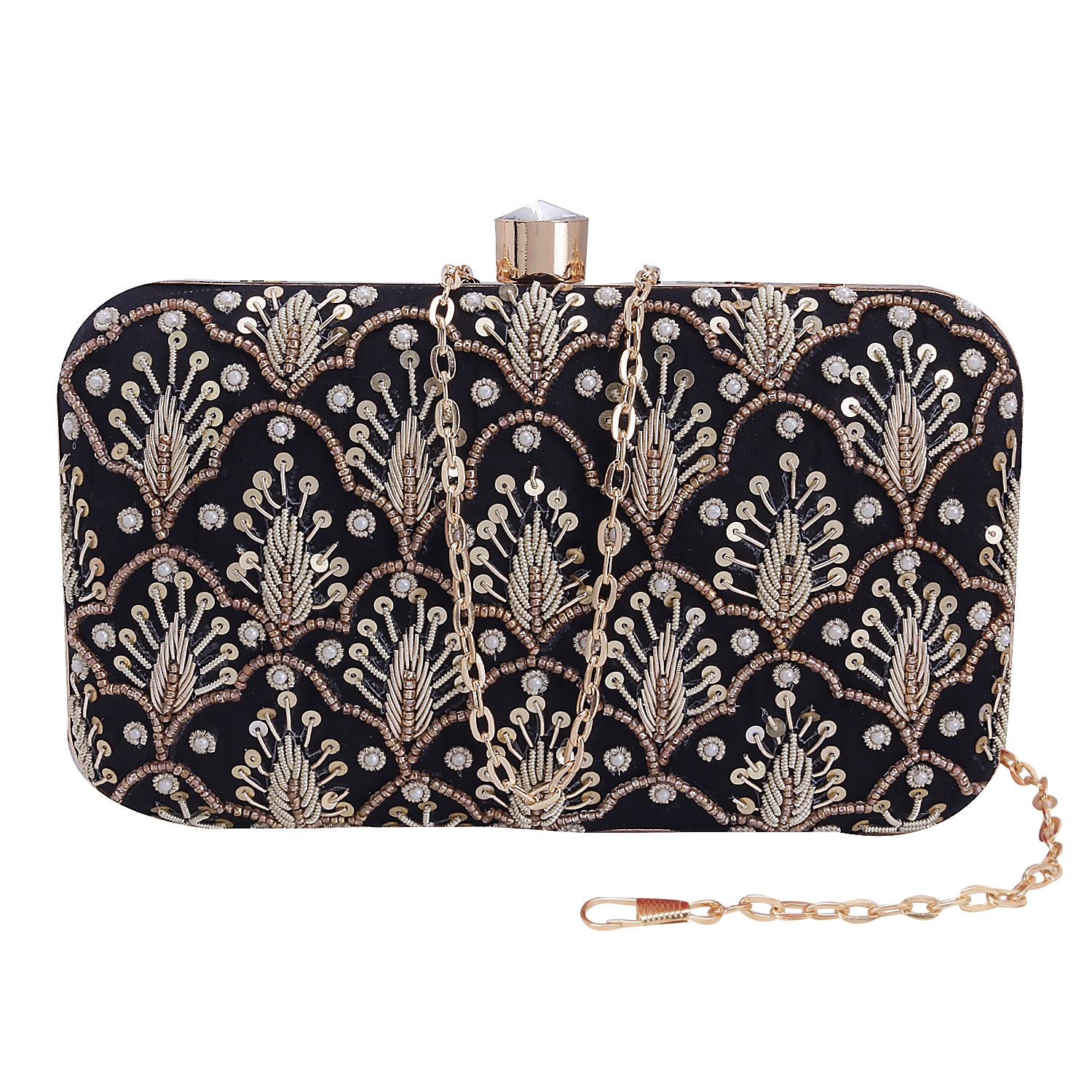embroidered black clutch