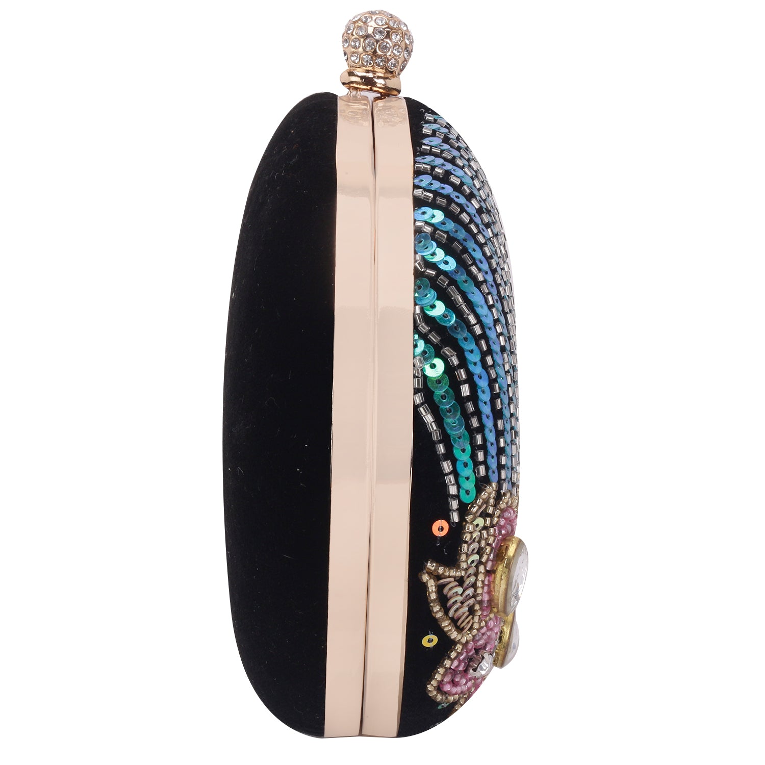 Reflected sequins oval embroidery clutch