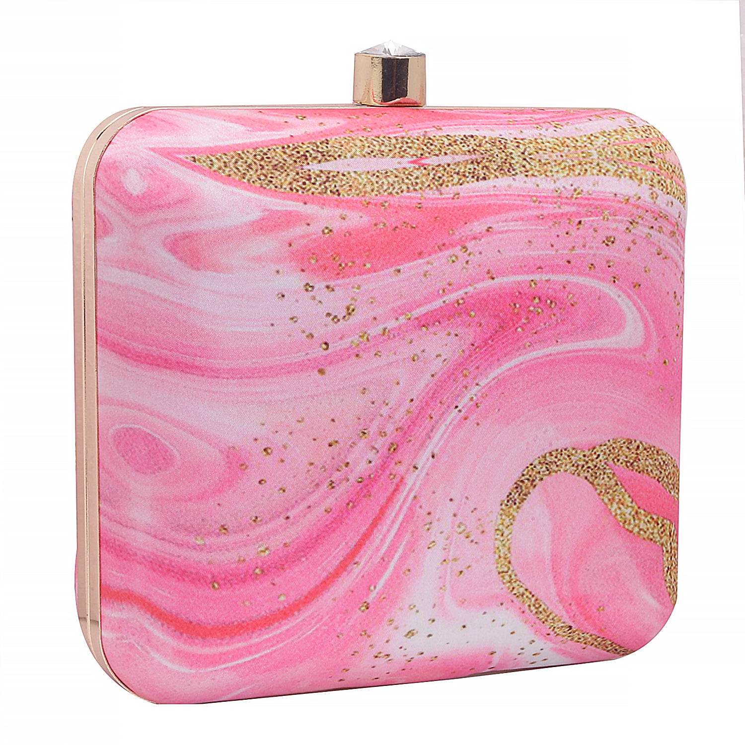 Abstract Printed Pink With Golden Glitter Design Box Clutch Bag