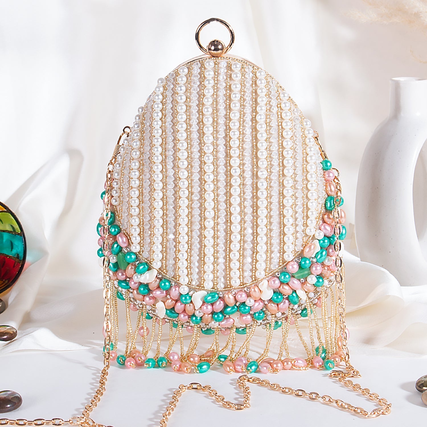 tassel almond shape clutch