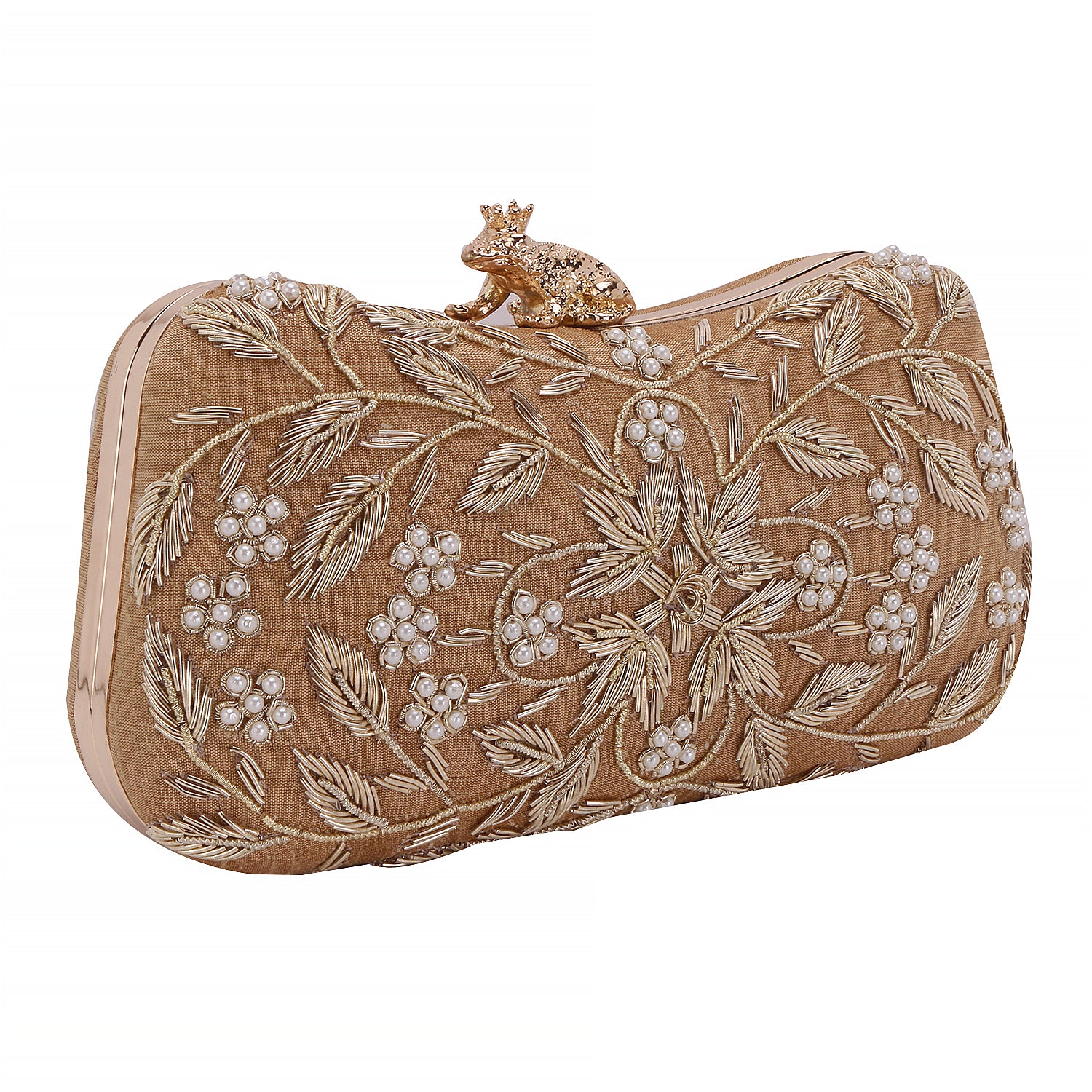 Golden embroidery frog knob clutch
