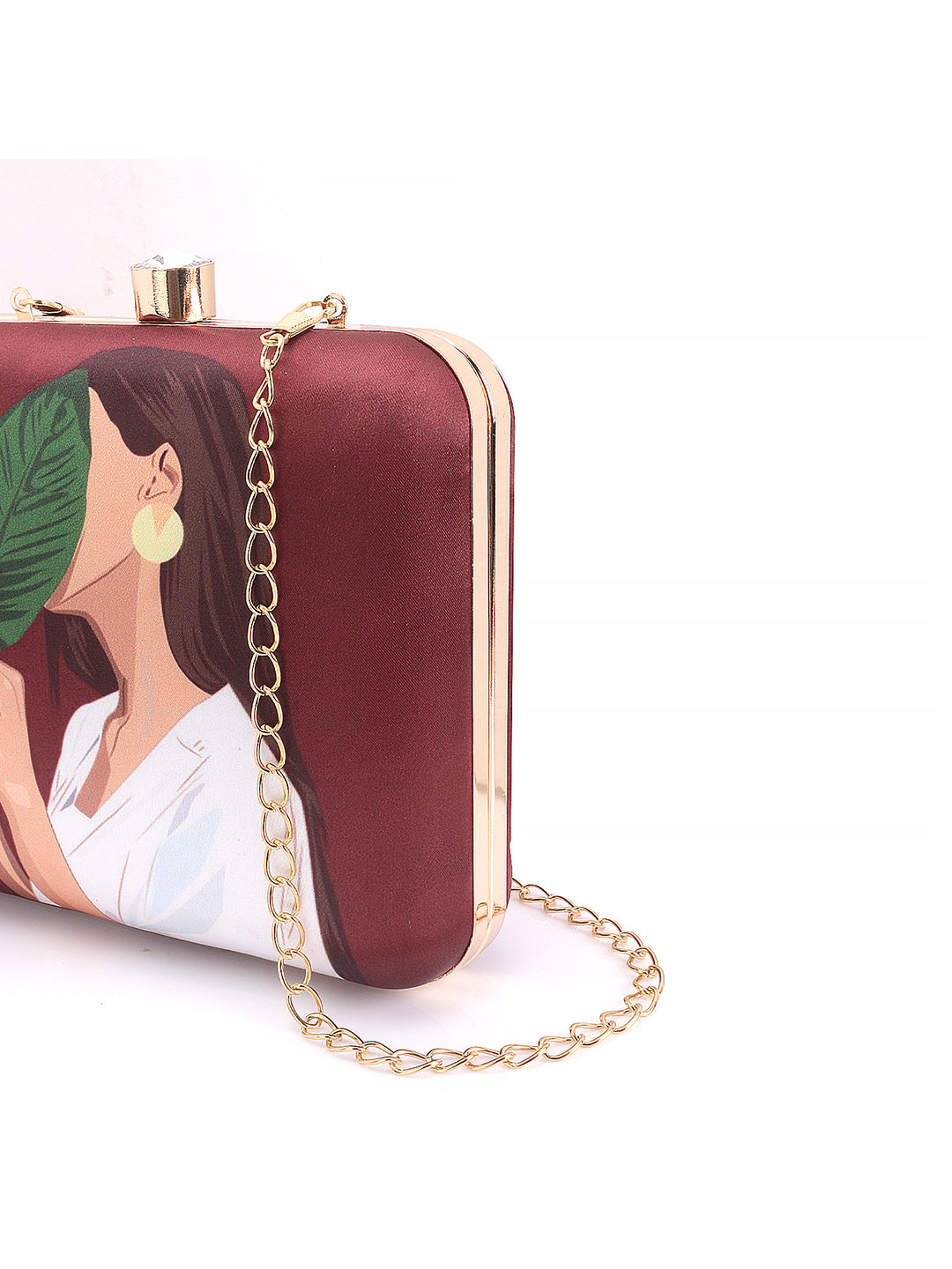 Girl with hide face in leaf designer printed box clutch