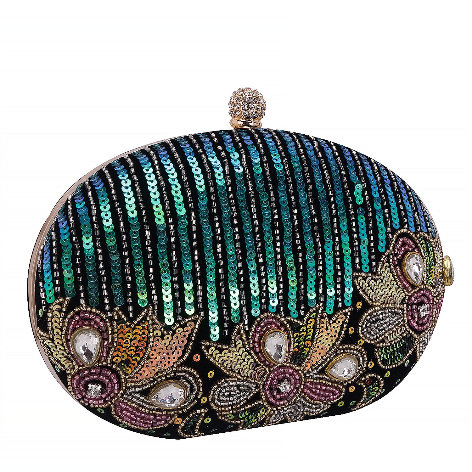 Reflected sequins oval embroidery clutch