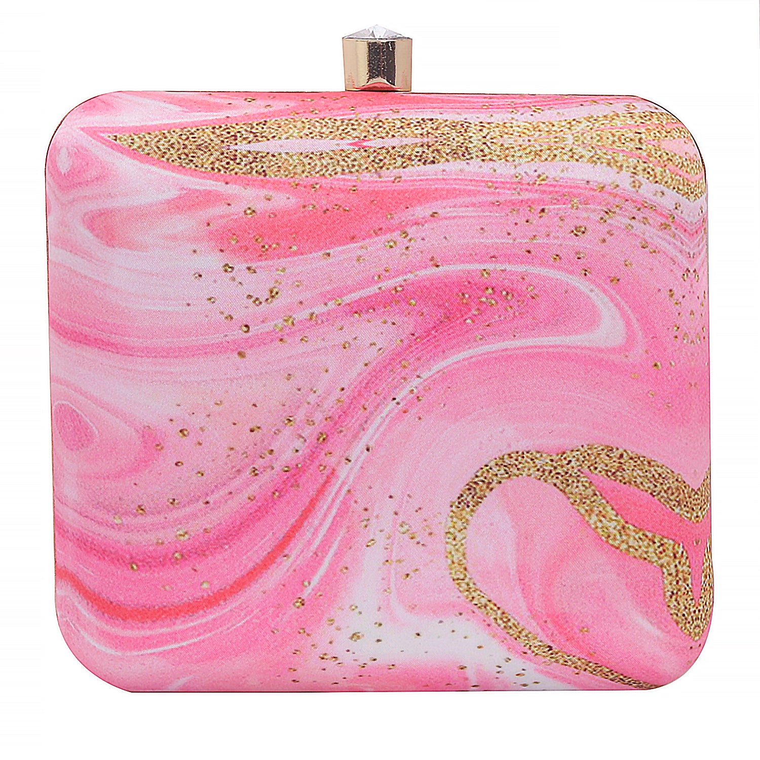 Abstract Printed Pink With Golden Glitter Design Box Clutch Bag