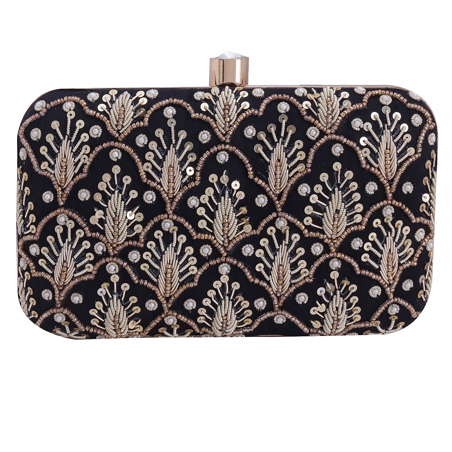 embroidered black clutch