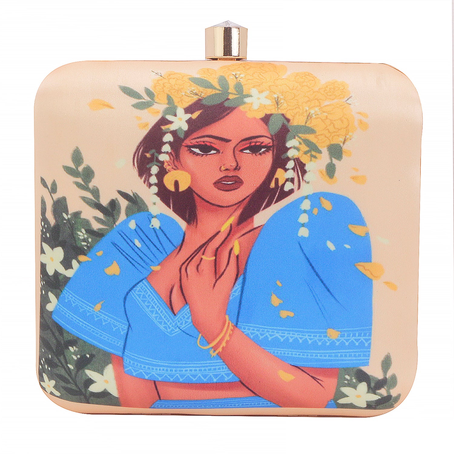 Stylish Girl Wear Saree With Had Of Flower Printed Designer Clutch