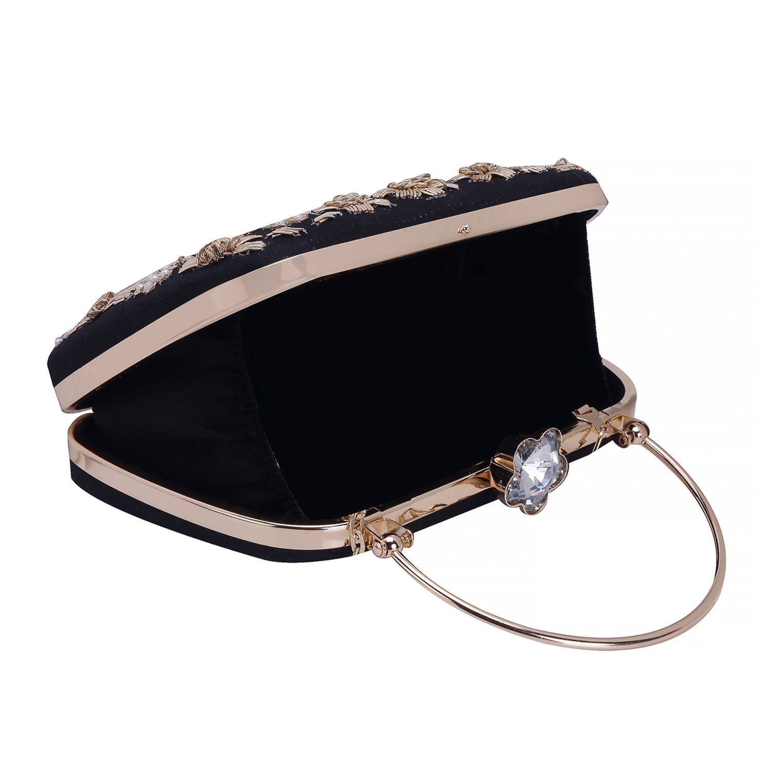 handmade black embroidered handle clutch bag