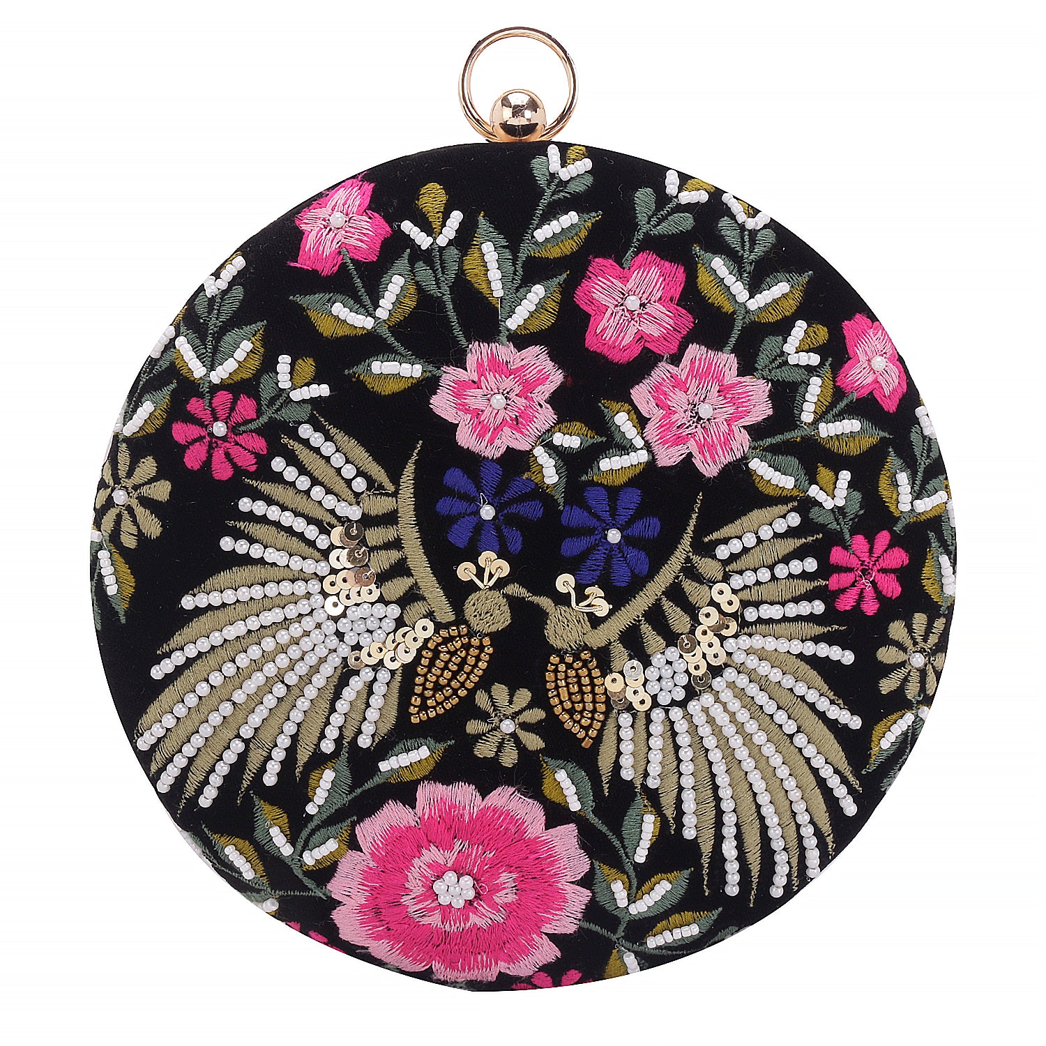 sparrow design embroidery round clutch