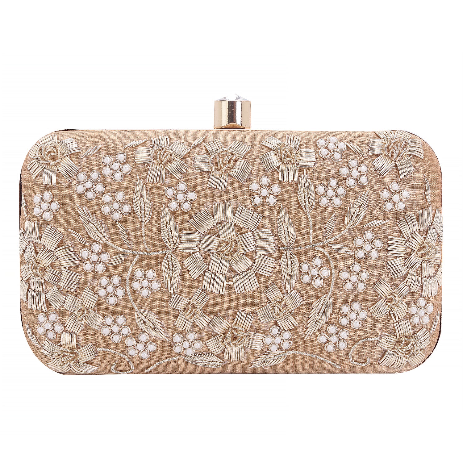 golden handmade embroidery rectungler clutch