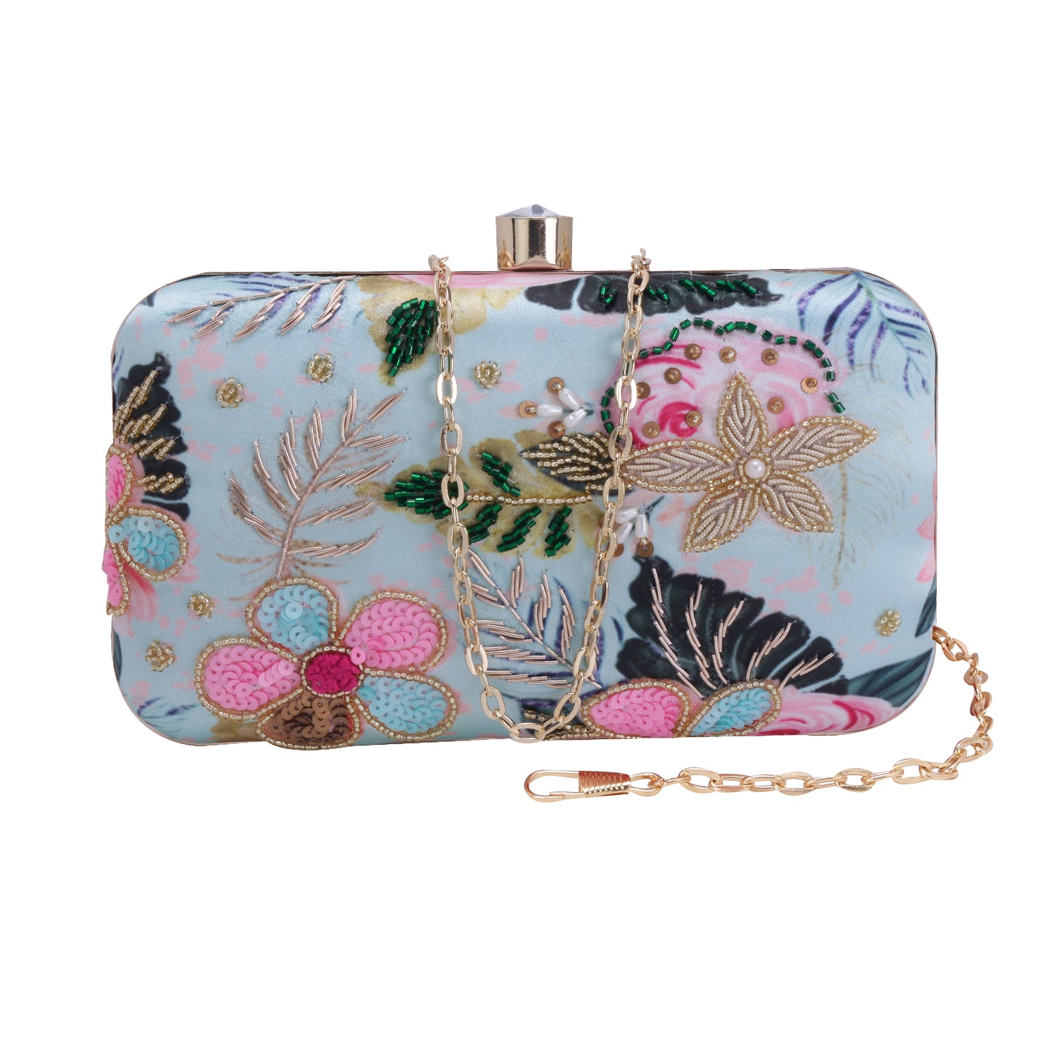 printed embroidery green clutch