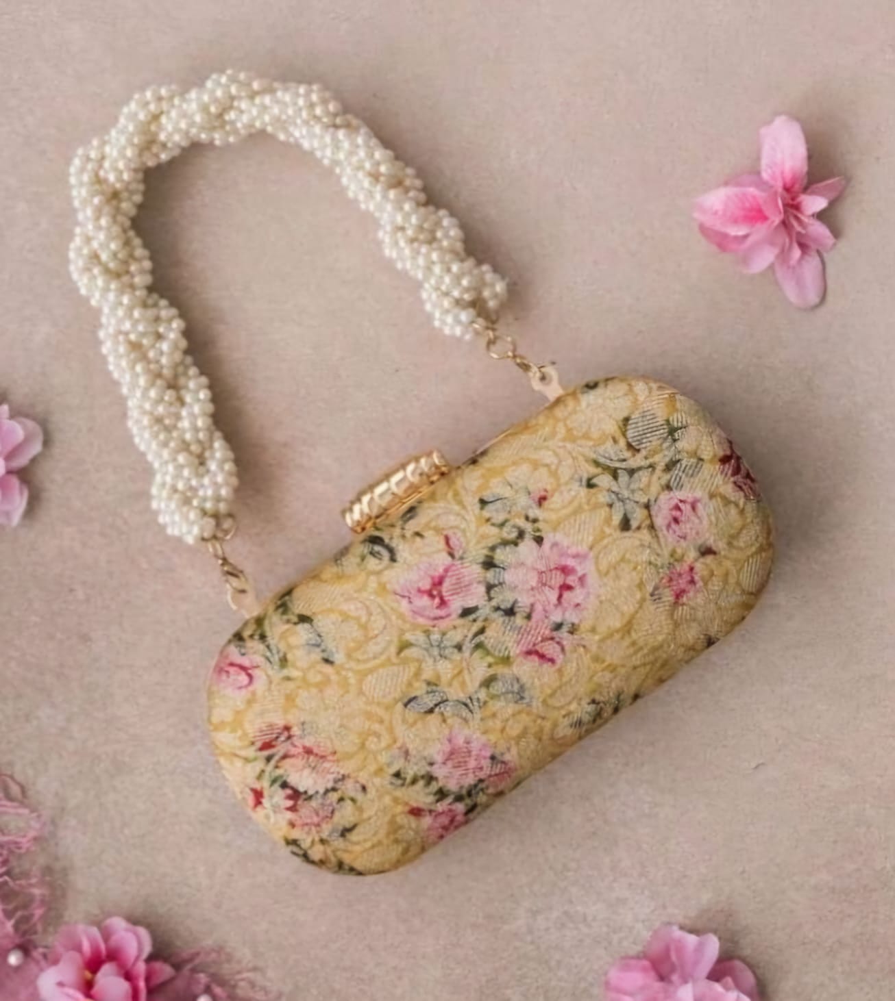 Yellow Brocade fabric clutches