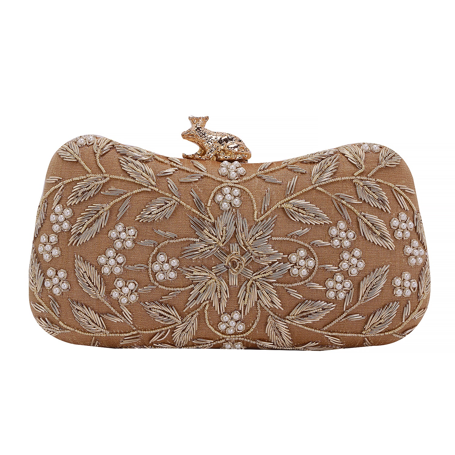 Golden embroidery frog knob clutch