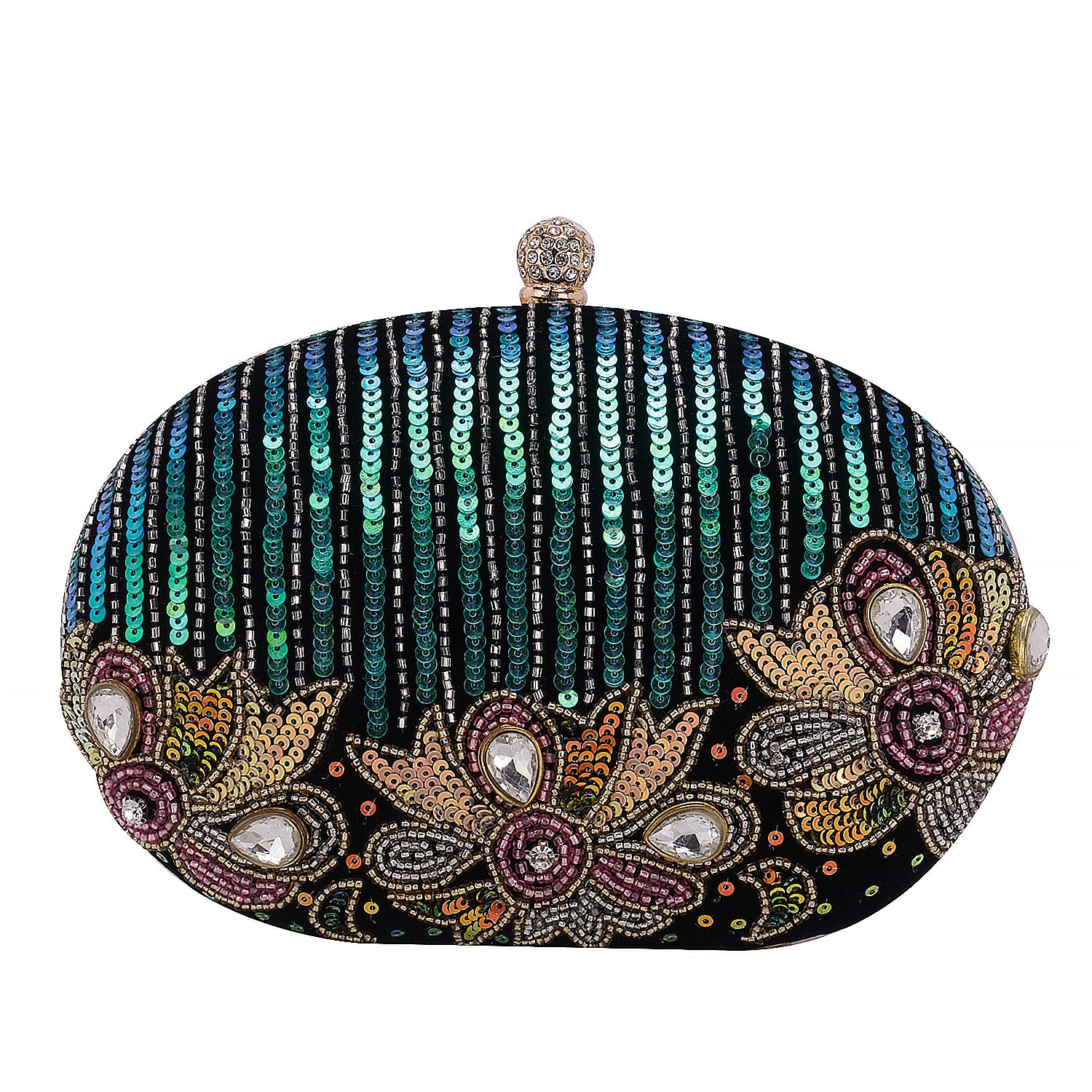 Reflected sequins oval embroidery clutch