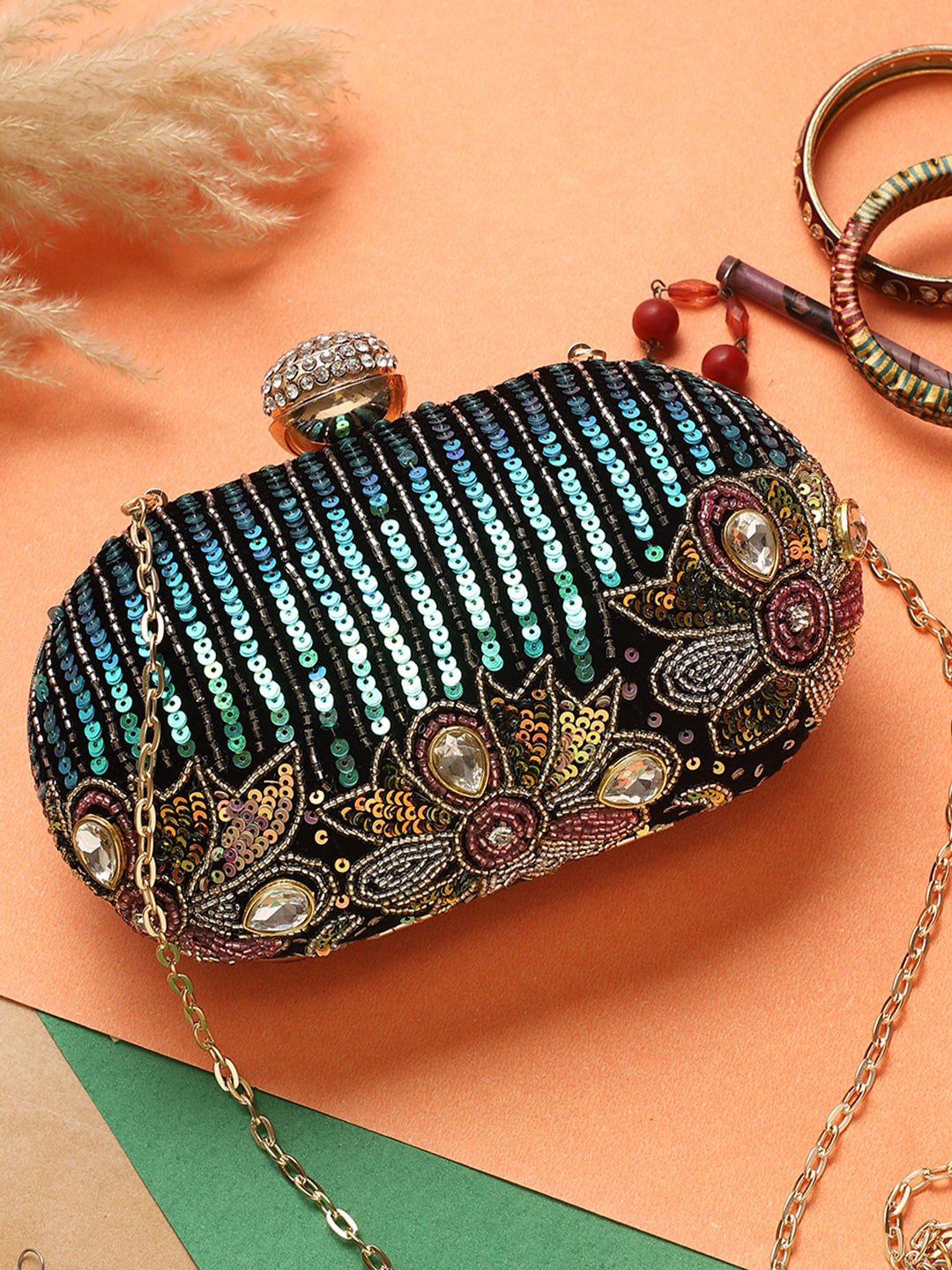 Swisni black oval embroidered clutch bag
